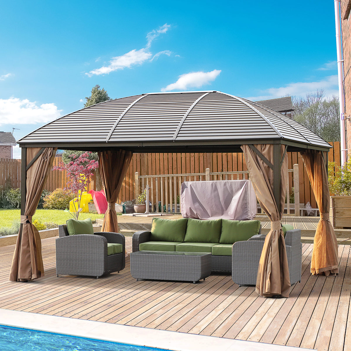 10' x 13' Hardtop Gazebo with Curtains, Netting, Pavilion with Steel Roof Ceiling Hook for Garden Patio, Brown