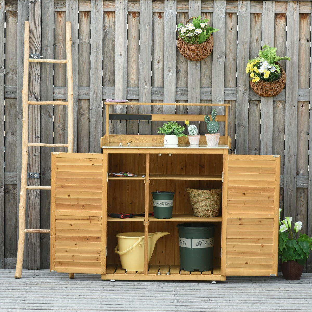 Backyard Garden Tool Storage Shed, Outdoor Storage & Potting Bench with 2 Magnetic Close Doors & Large Interior Storage Space