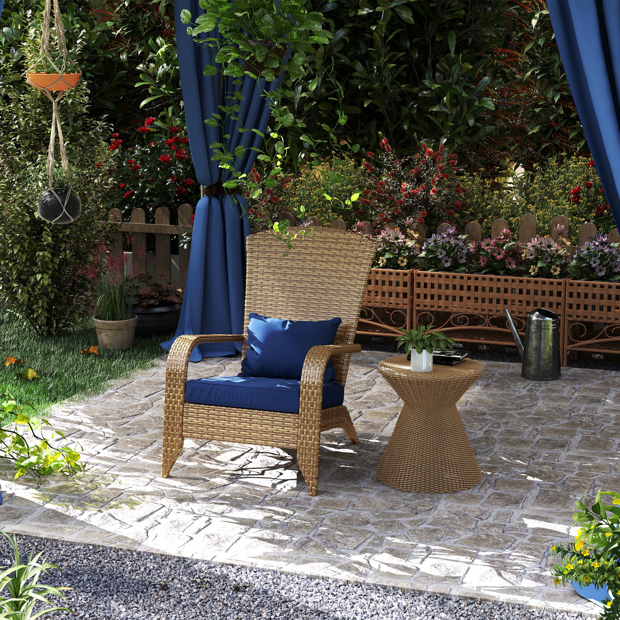 Patio Adirondack Chair with Rattan Wicker, Soft Cushions, Tall Curved Backrest for Deck or Garden, Dark Blue