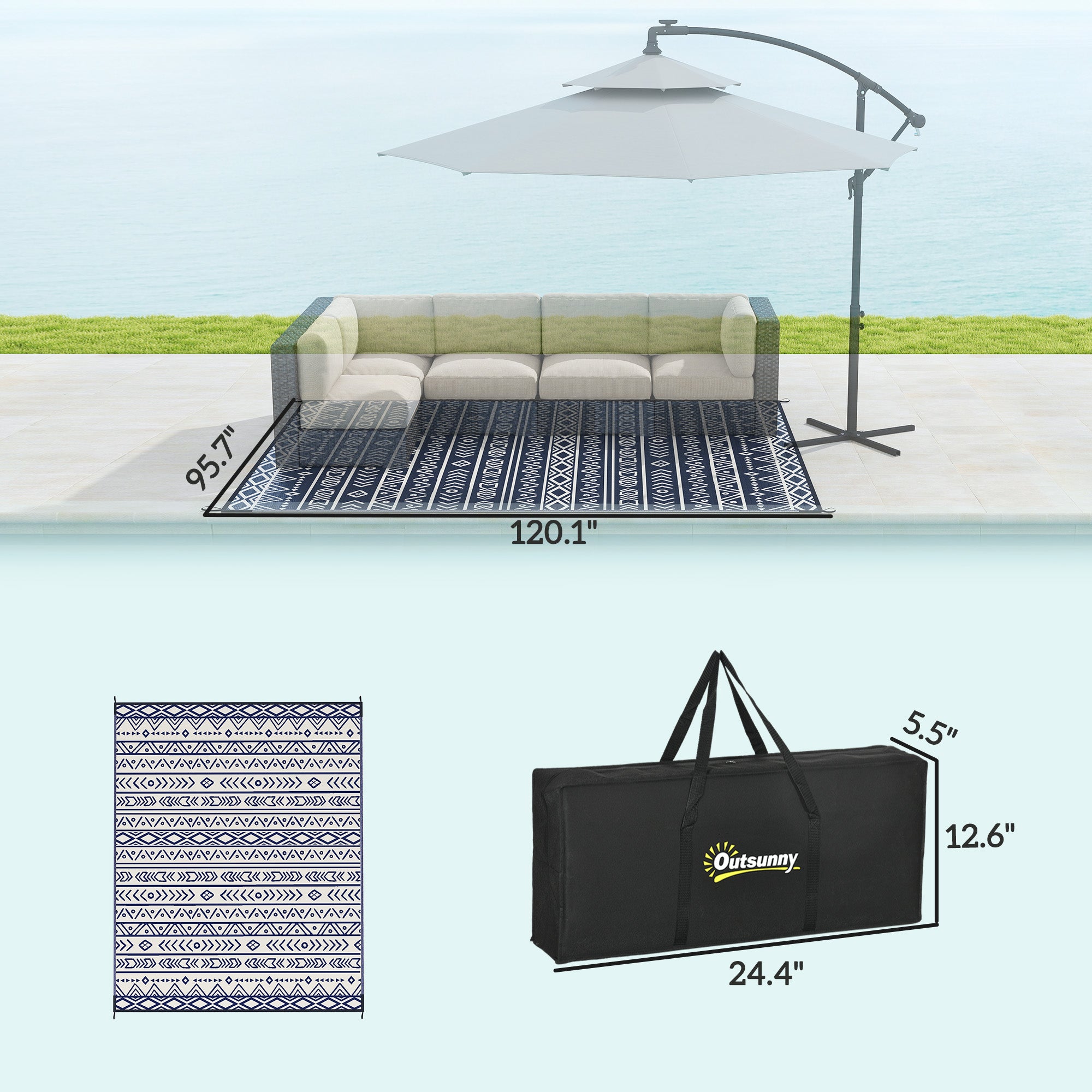 Reversible Outdoor Rug, Waterproof Plastic Straw with Carry Bag, 8' x 10', Blue & White Geometric