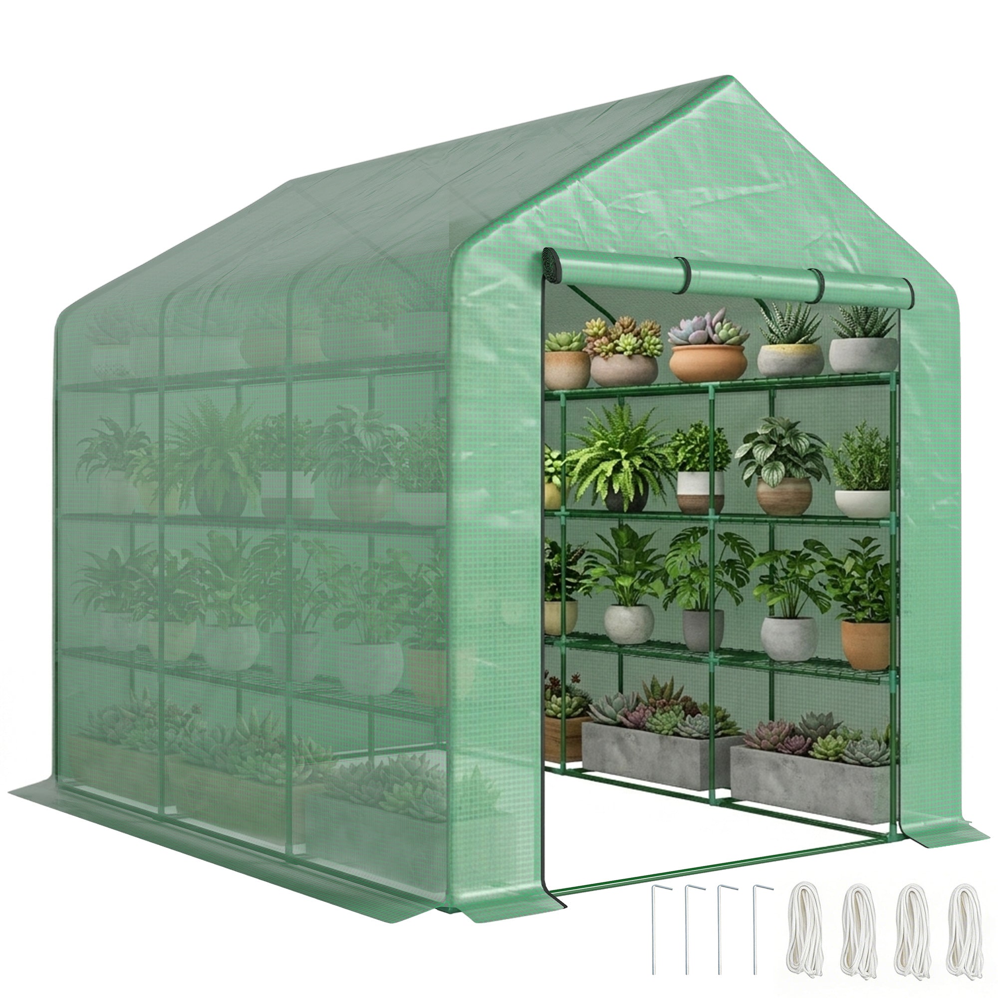 Outdoor Walk-in Greenhouse with Roll-up Zipper Door, 18 Shelves, PE Cover, 95.25" x 70.75" x 82.75", Green