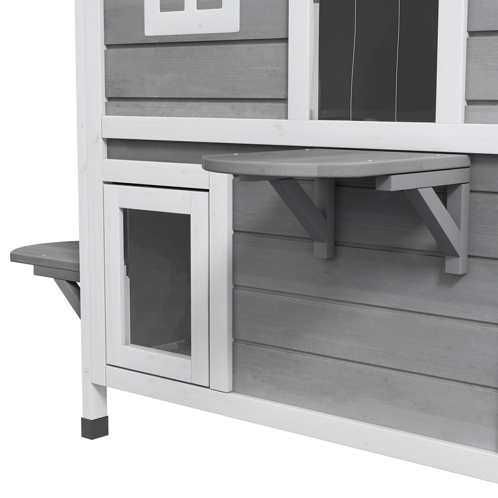 2-story Cat House Outdoor, Weatherproof Wooden Cat Enclosure for Feral Cats with Escape Door, Openable Roof, Jumping Platforms, Gray