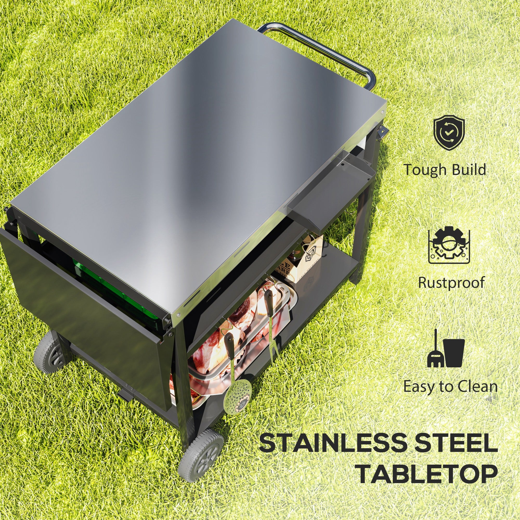 Outdoor Bar Cart Grill Table with Stainless Steel Tabletop, Wheeled Outdoor Serving Cart Prep Table with Storage, Hooks