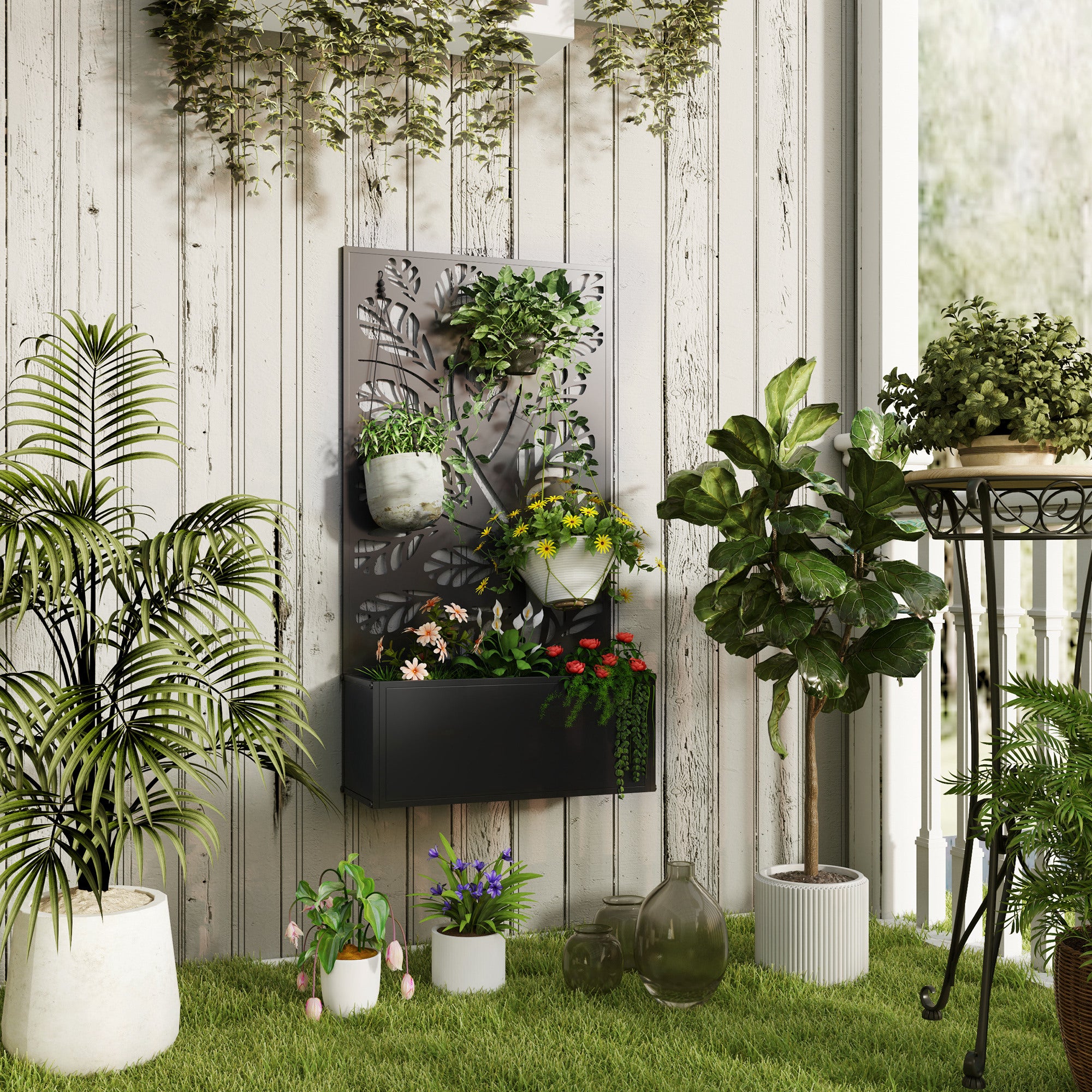 Metal Garden Bed with Trellis for Climbing Plants, Freestanding or Wall Mounted Flower Bed for Garden, Patio, Balcony
