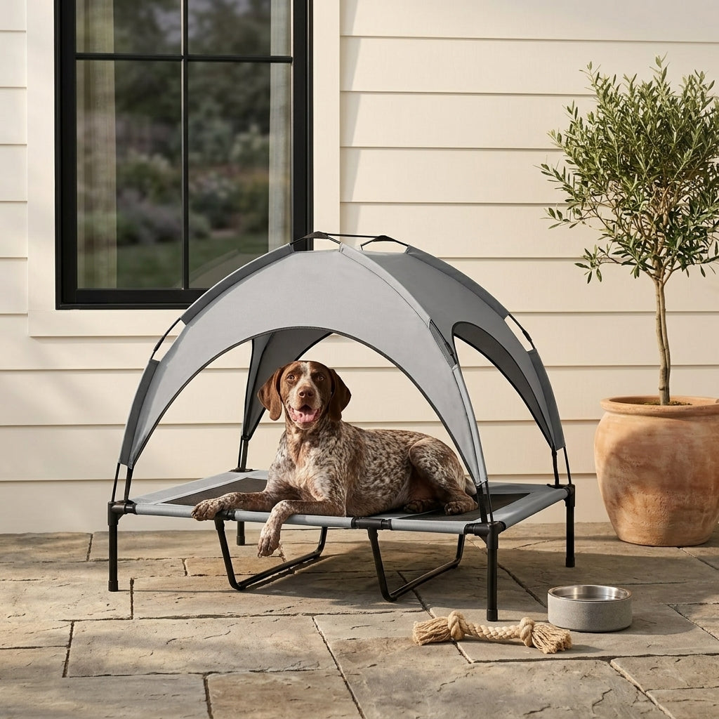 Elevated Dog Bed with Canopy, Raised Outdoor Pet Bed for Camping with Washable Breathable Mesh, 42" x 30" x 37"