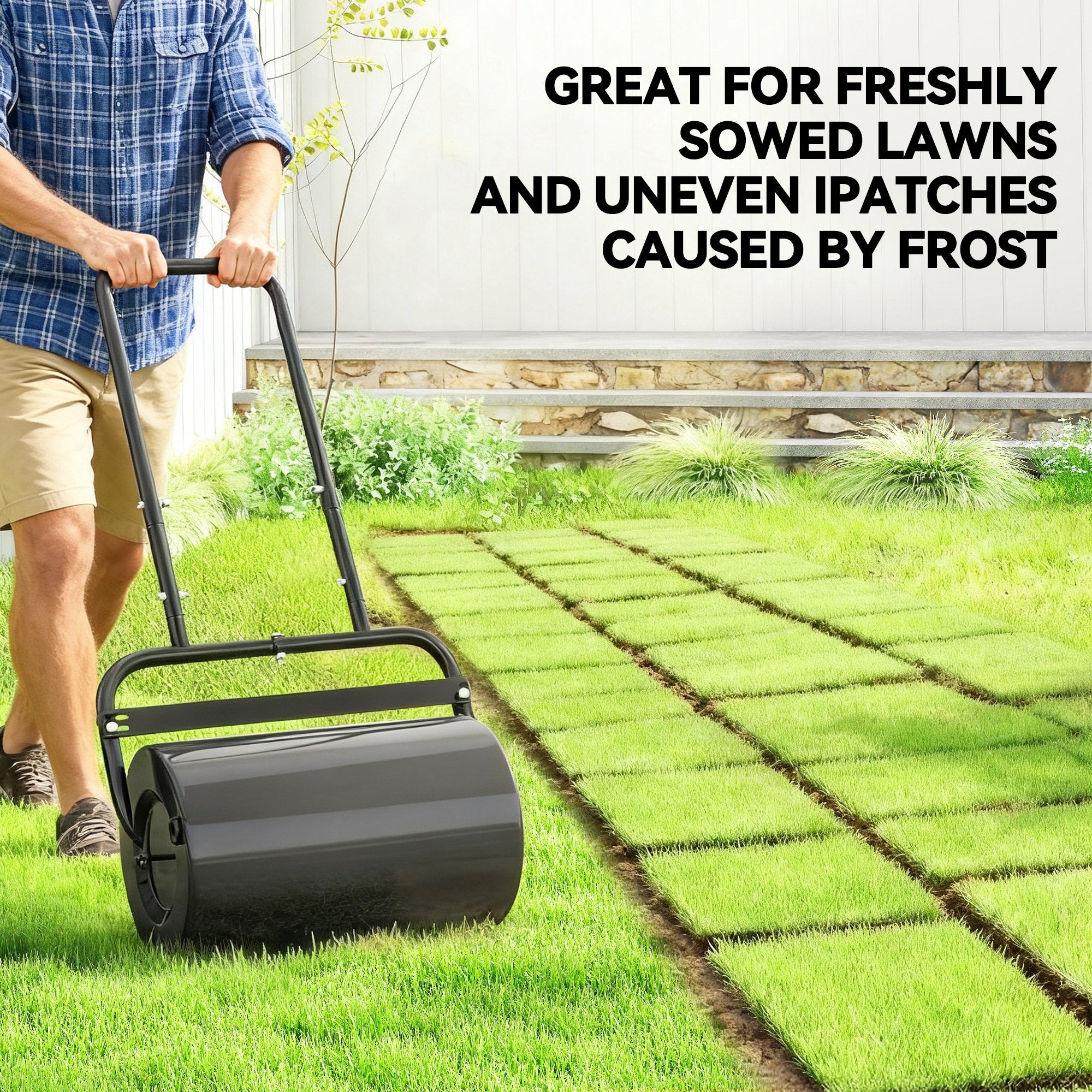 20-Inch Push/Tow Behind Lawn Roller Filled with 10 Gal Water or Sand for Flattening Sod in the Garden, Black