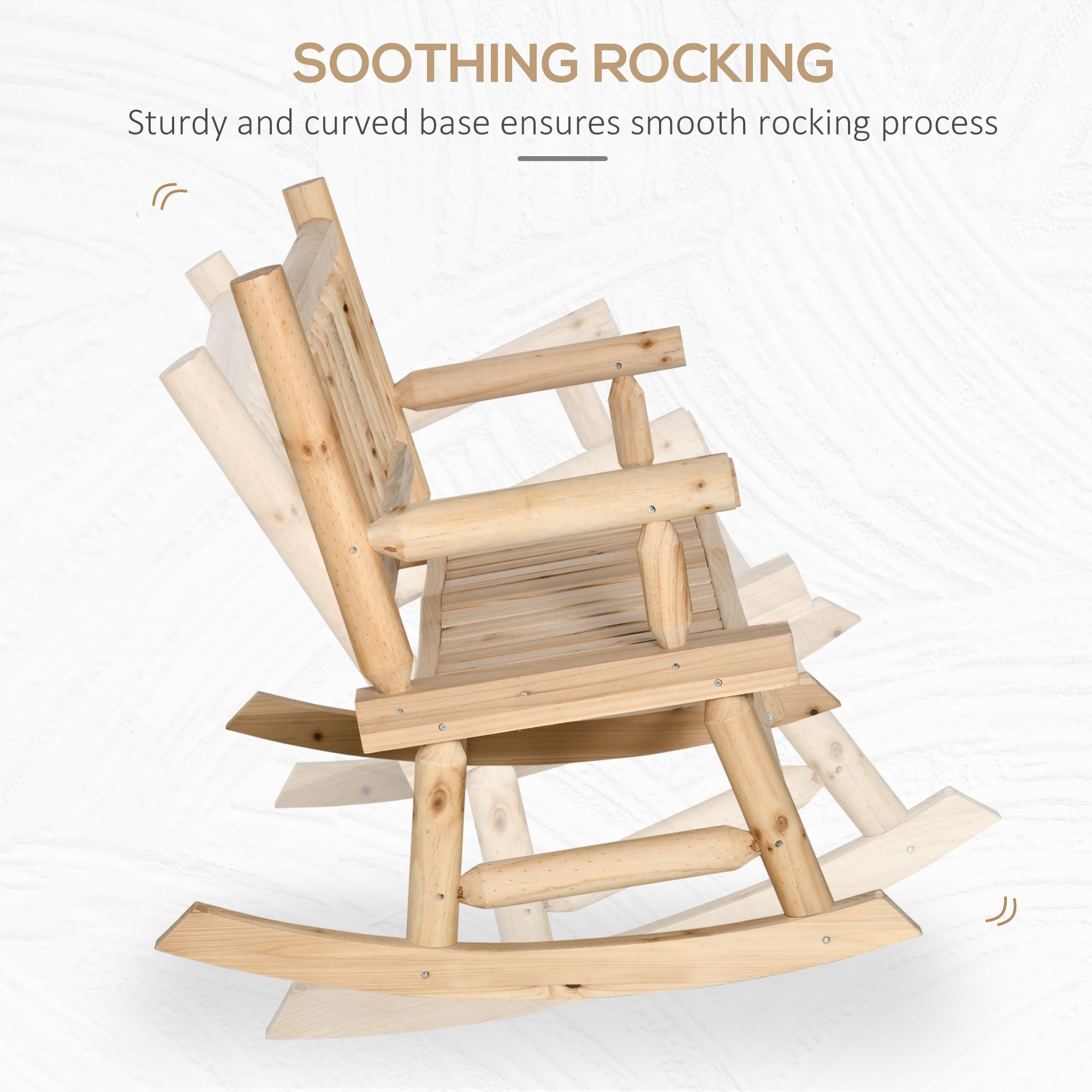 2-Person Wood Rocking Chair with Log Design, Heavy Duty Loveseat with Wide Curved Seats for Patio, Backyard, Garden, Natural