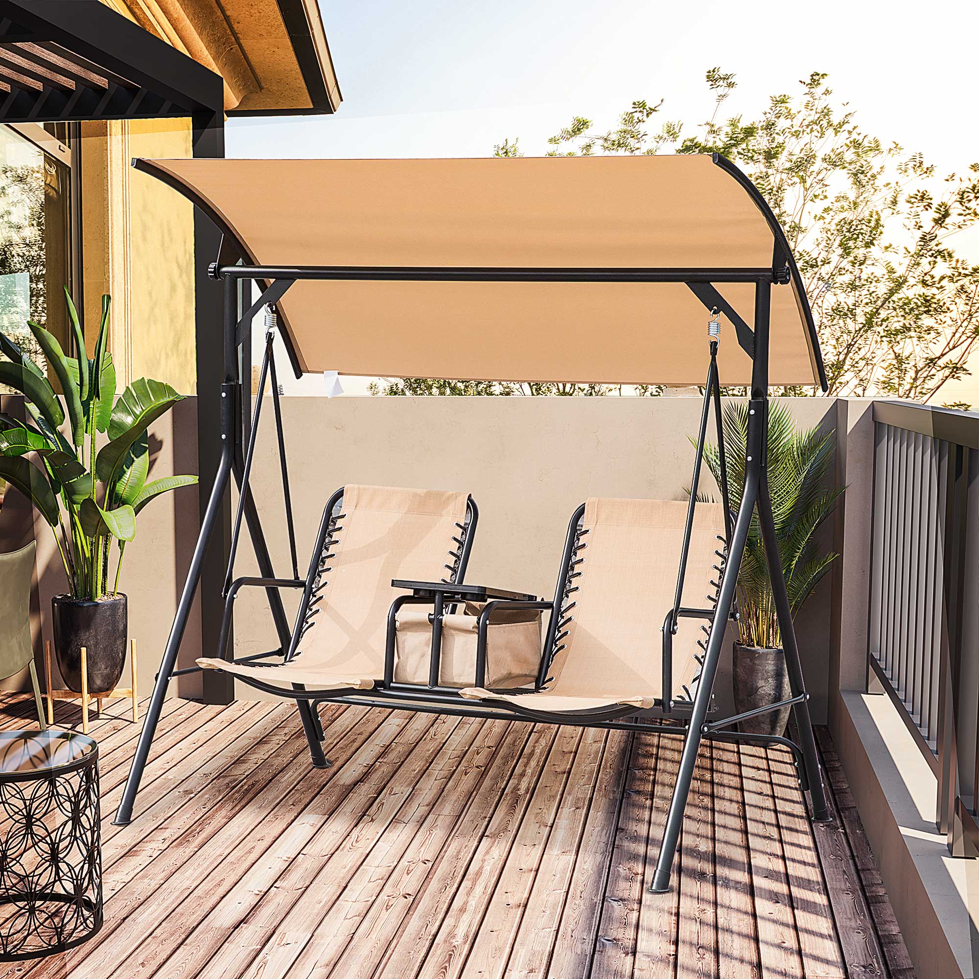 2 Person Porch Swing with Canopy, Storage Table, Cup Holder, Beige