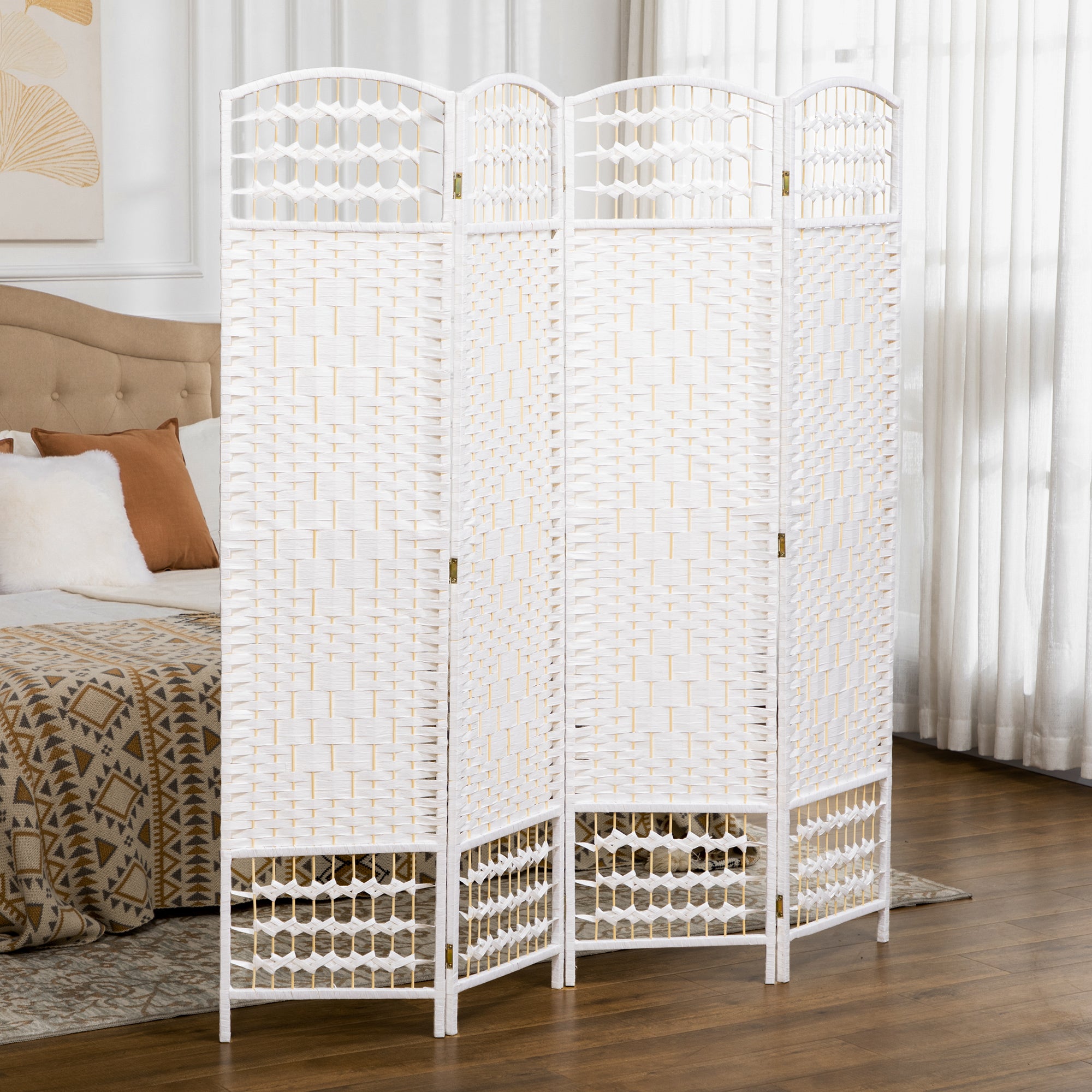 4 Panel Folding Room Divider Portable Privacy Screen Wave Fiber Room Partition for Home Office White