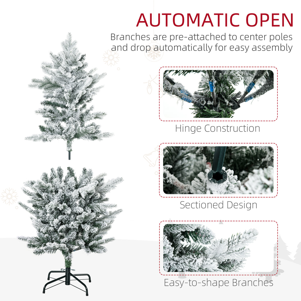 4.5' Artificial Flocked Christmas Trees, with Snow Frosted Branches, Auto Open, Steel Base