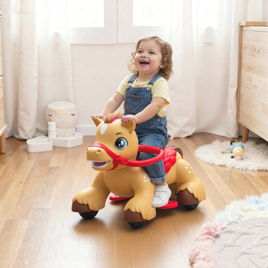 Ride On Horse Toy, 12V Battery Powered Ride on Toy with Carrot Toy, Comb and Sound, Electric Rocking Horse for Toddlers