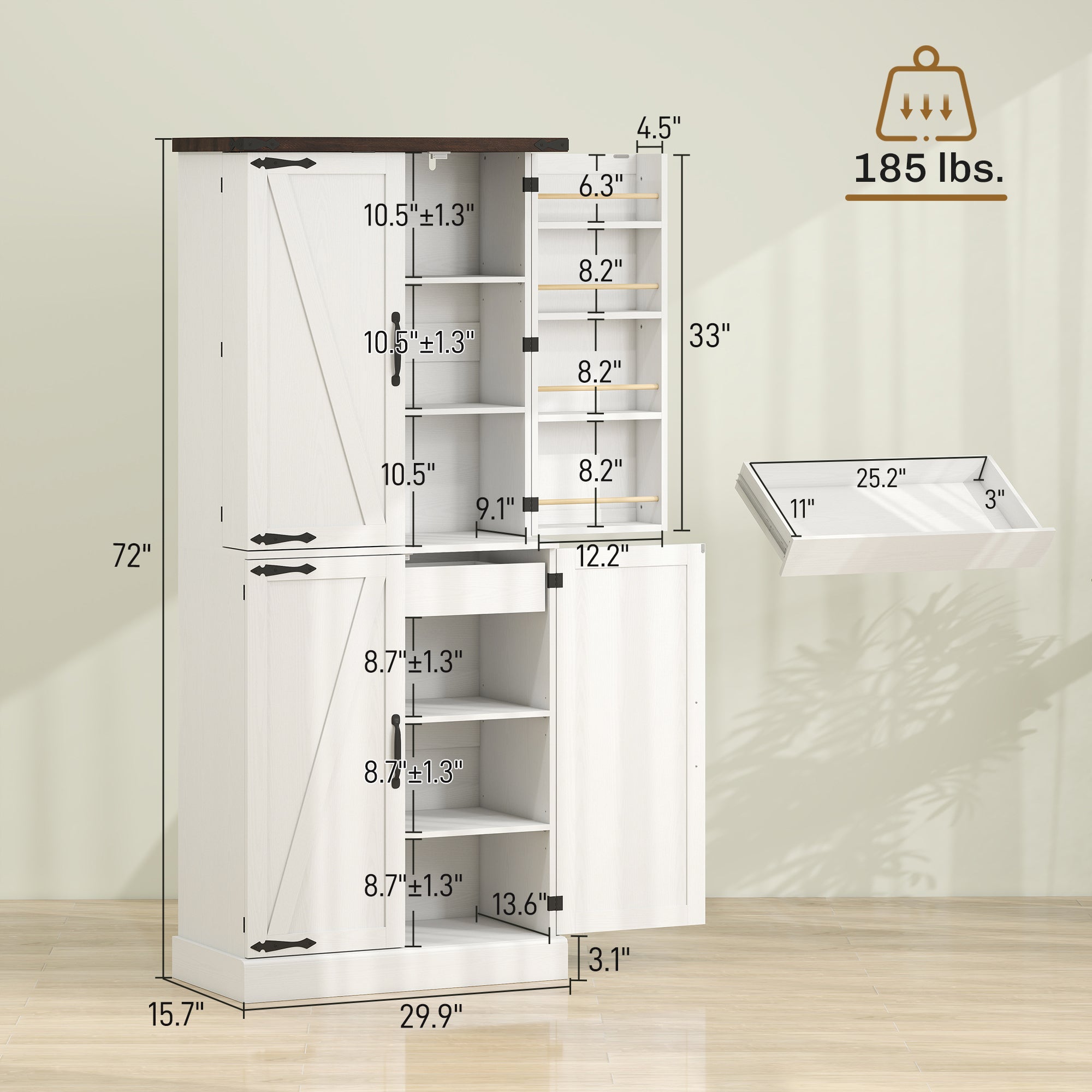 72" Tall Kitchen Pantry Cabinet, Farmhouse Storage Cabinet with 8 Door Racks and Adjustable Shelves, White