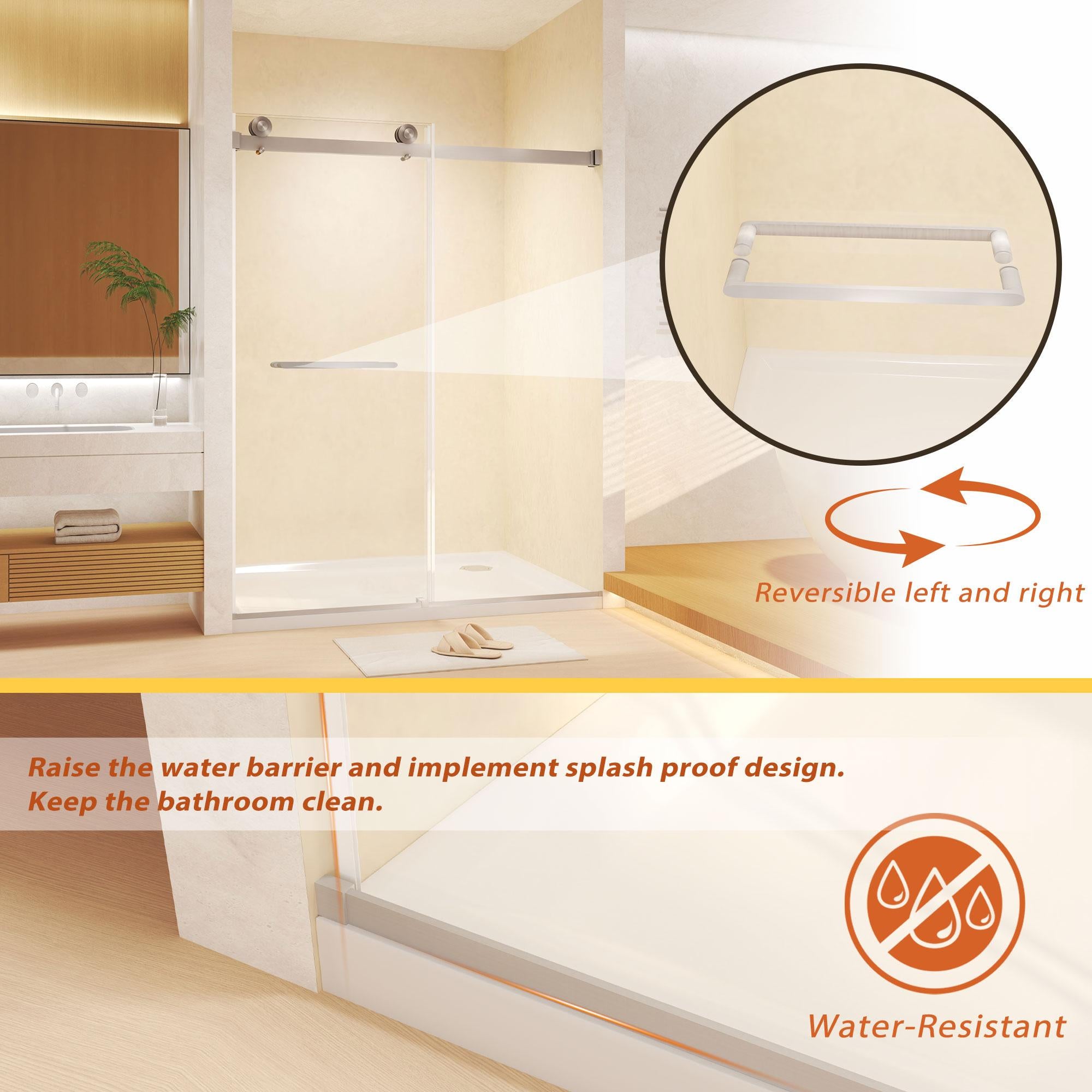 Frameless Double Sliding Shower Door with Silent Rollers, Bathroom Door with Square Tube Track, 60" L x 0.5" W x 74" H, Brushed Nickel