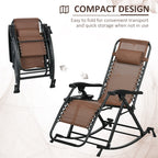 2 Outdoor Rocking Chairs Foldable Reclining Zero Gravity Lounge Rockers w/ Pillow Cup & Phone Holder, Brown