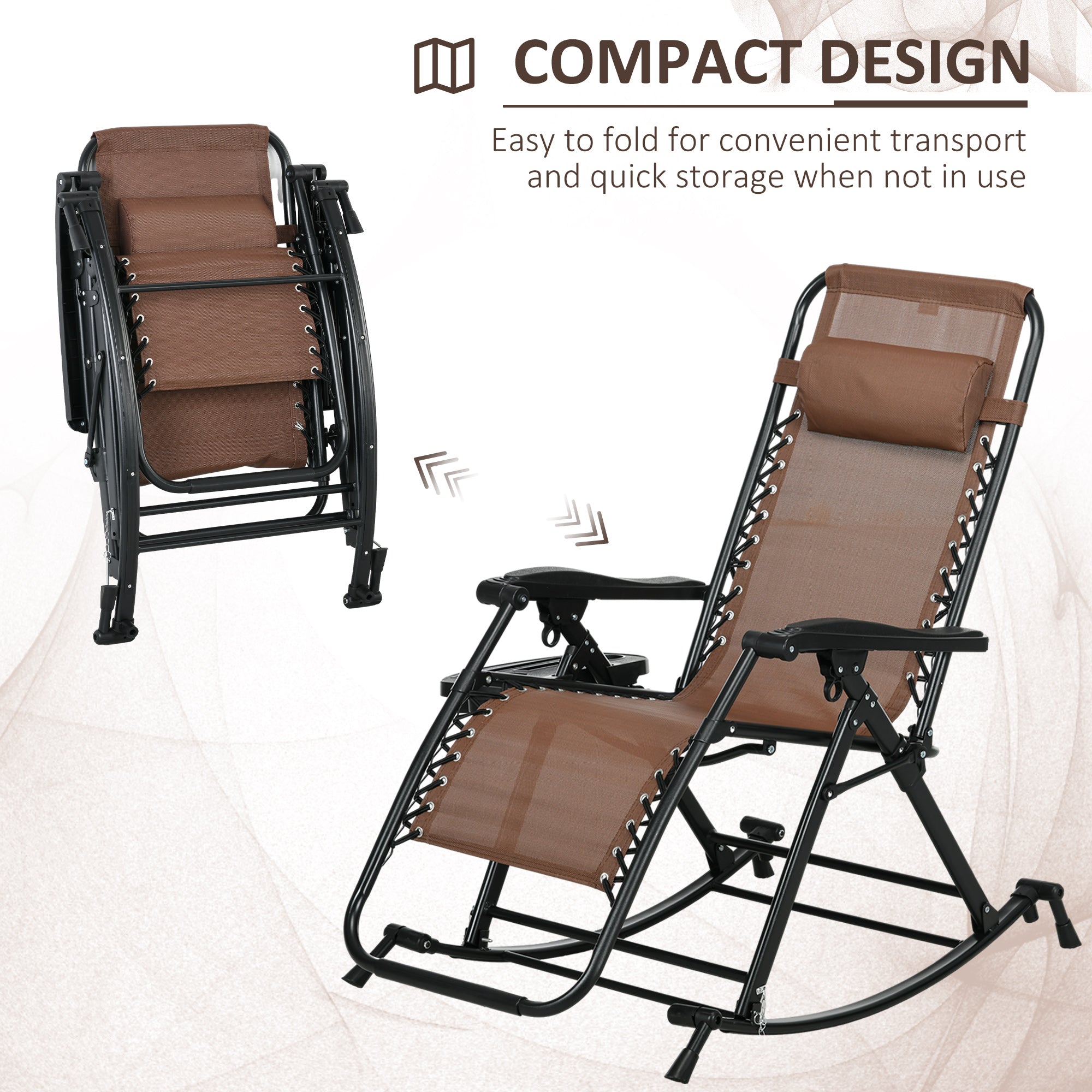 2 Outdoor Rocking Chairs Foldable Reclining Zero Gravity Lounge Rockers w/ Pillow Cup & Phone Holder, Brown