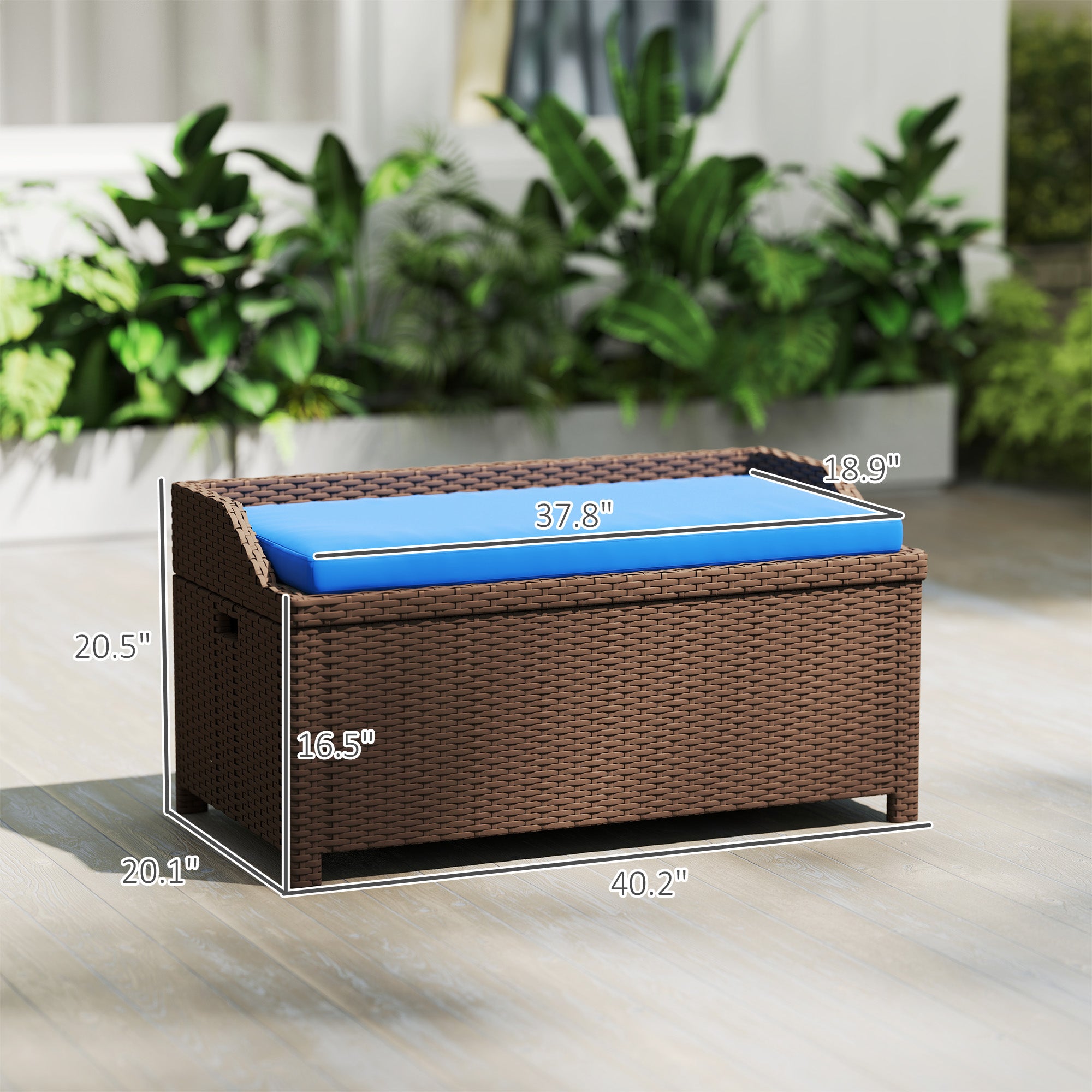 Outdoor Wicker Storage Bench with Storage & Cushion, Blue