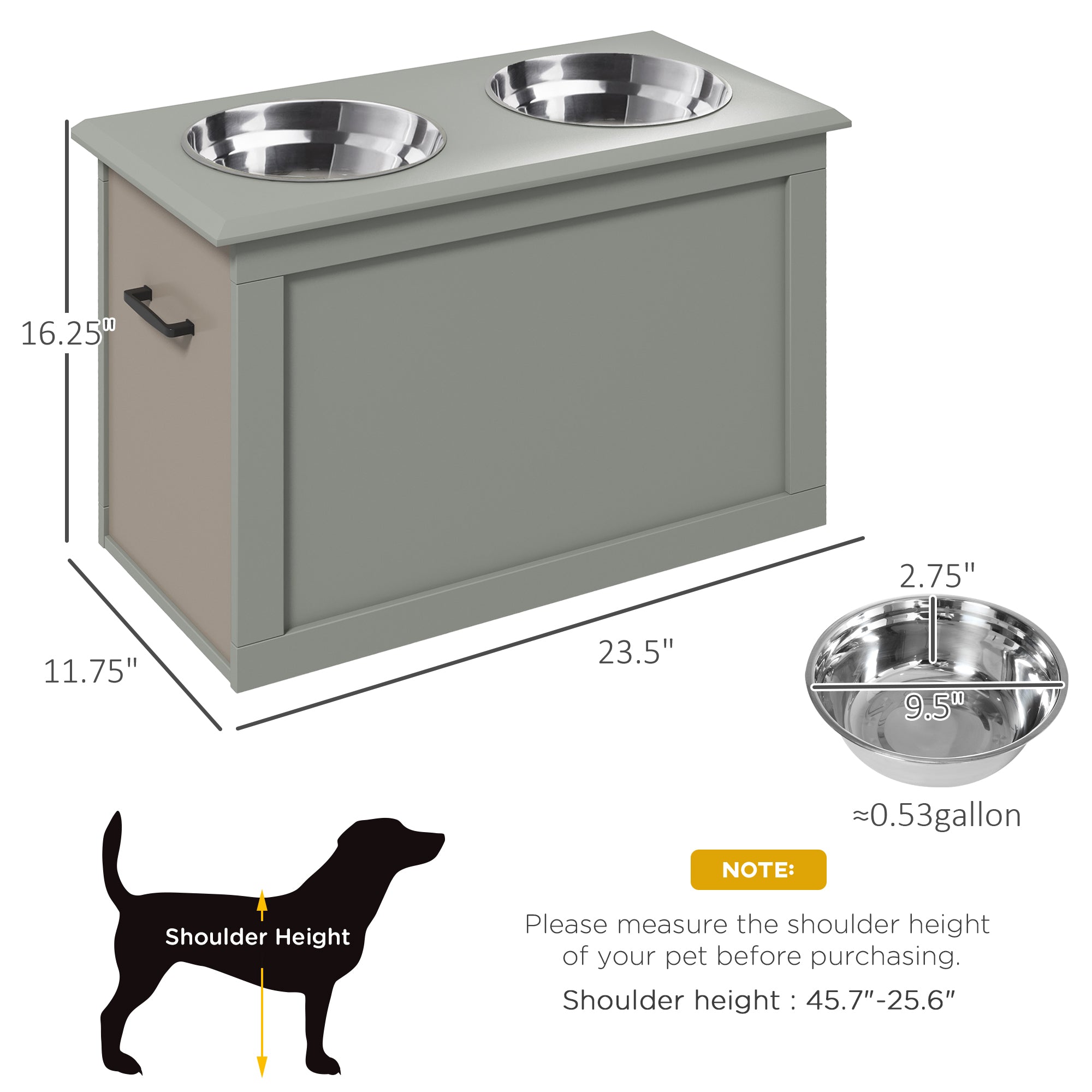 Raised Pet Feeding Storage Station with 2 Stainless Steel Bowls Base for Large Dogs and Other Large Pets, Gray