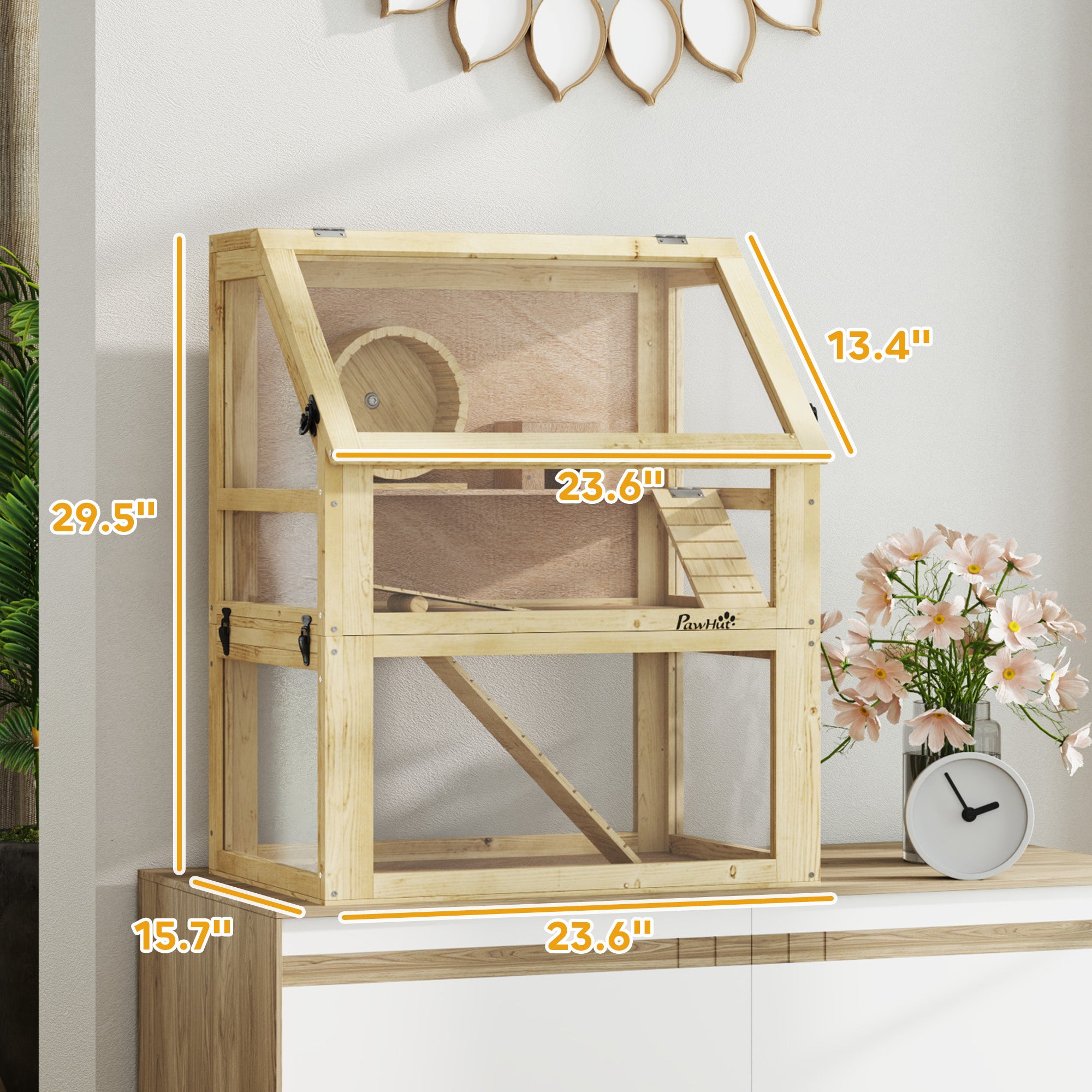 3 Tier Wooden Hamster Cage w/ Detachable Bottom, Hut, Seesaw, Exercise Wheel, Ramps, 24" x 16" x 29.5"