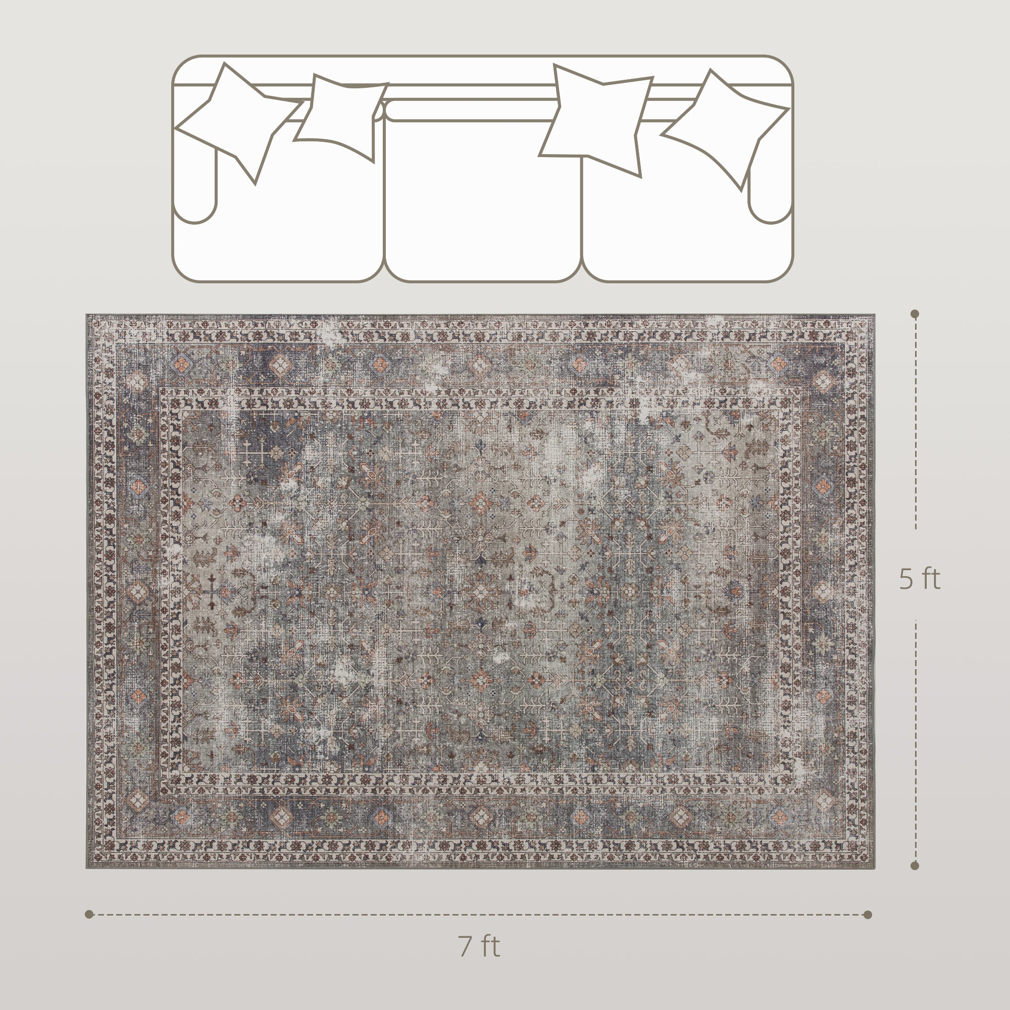 Machine Washable Area Rug 5x7, Non-Slip Traditional Floor Cover Foldable Carpet for Living Room, Dark Mixed-Brown