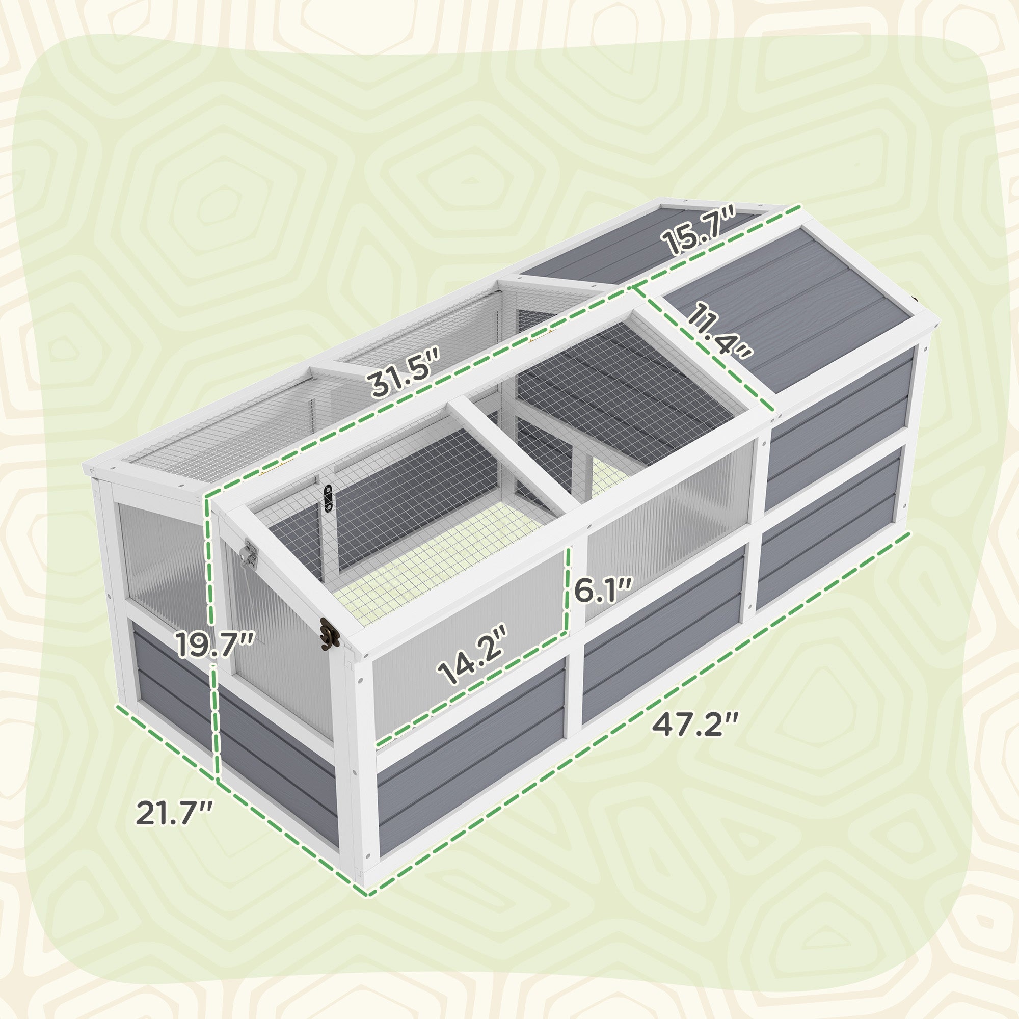 Wooden Tortoise Habitat Outdoor w/ Bottomless Design, Doors, PC Sun Panel Windows, for Small Animals, Rabbit, Light Gray