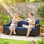 3 Seater Outdoor Couch Sofa, PE Wicker Patio Sofa, Wide Deep Seat, 4" Cushions, Wood-Effect Armrests Legs, Dark Blue