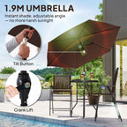 4 Piece Outdoor Bar Set with Umbrella, Patio Dining Set with 2 Folding Chairs, Wave Textured Tempered Glass Table for Backyard, Garden, Deck, Poolside, Brown