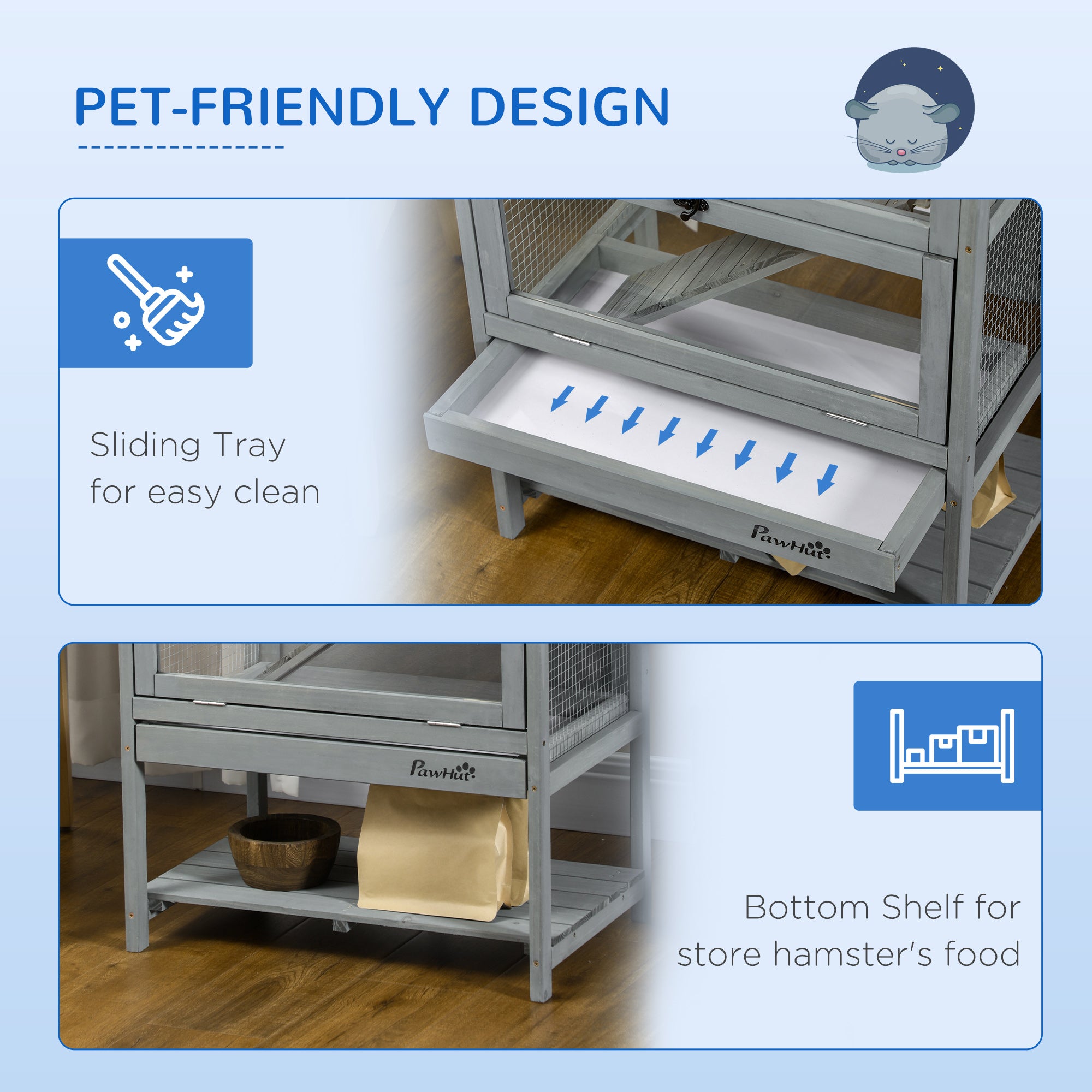 Wooden Hamster Cage with Storage Shelf, Large Rat Mouse Habitat Including Seesaw, Small Animal Cage with Sliding Tray, Wide Ramp for Racing, Running Wheel, 35.5" H
