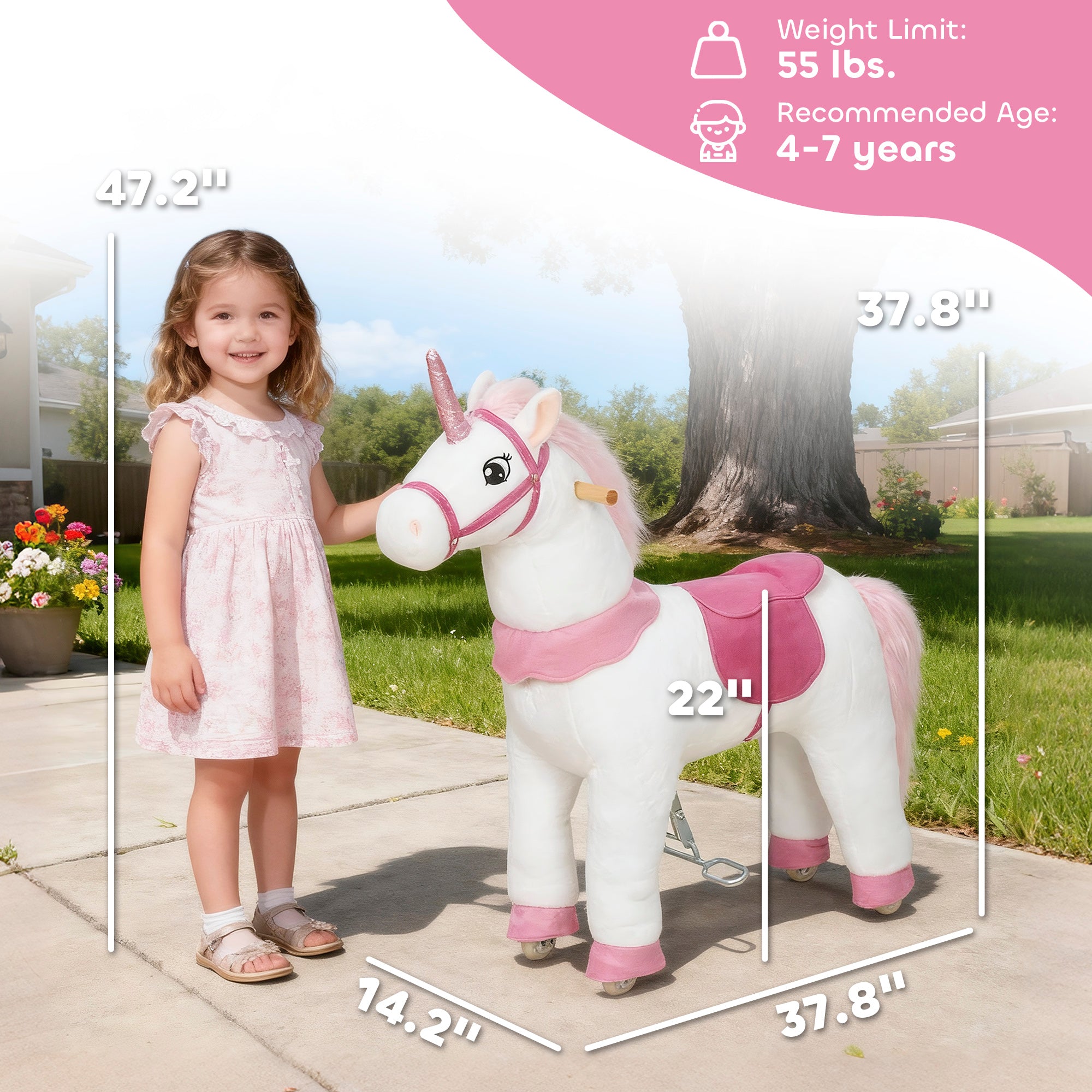 Ride on Unicorn Toy for Kids 4-7 Years, 37.8 Inch Plush Baby Rocking Horse with Wheels, No Battery Required, White