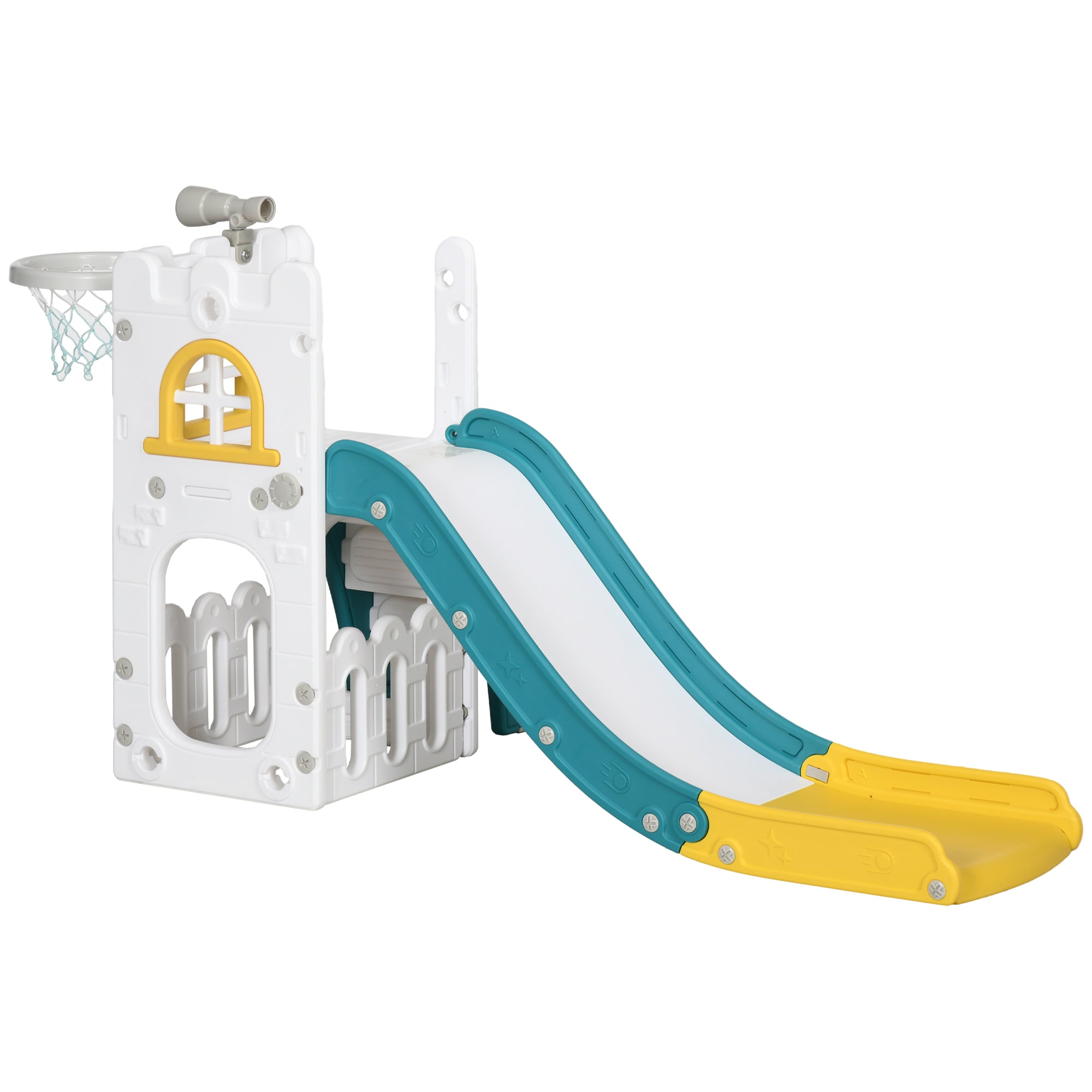 5 in 1 Toddler Slide with Basketball Hoop, Climber, Telescope & Storage Baskets for 1-3 Years Olds, Yellow