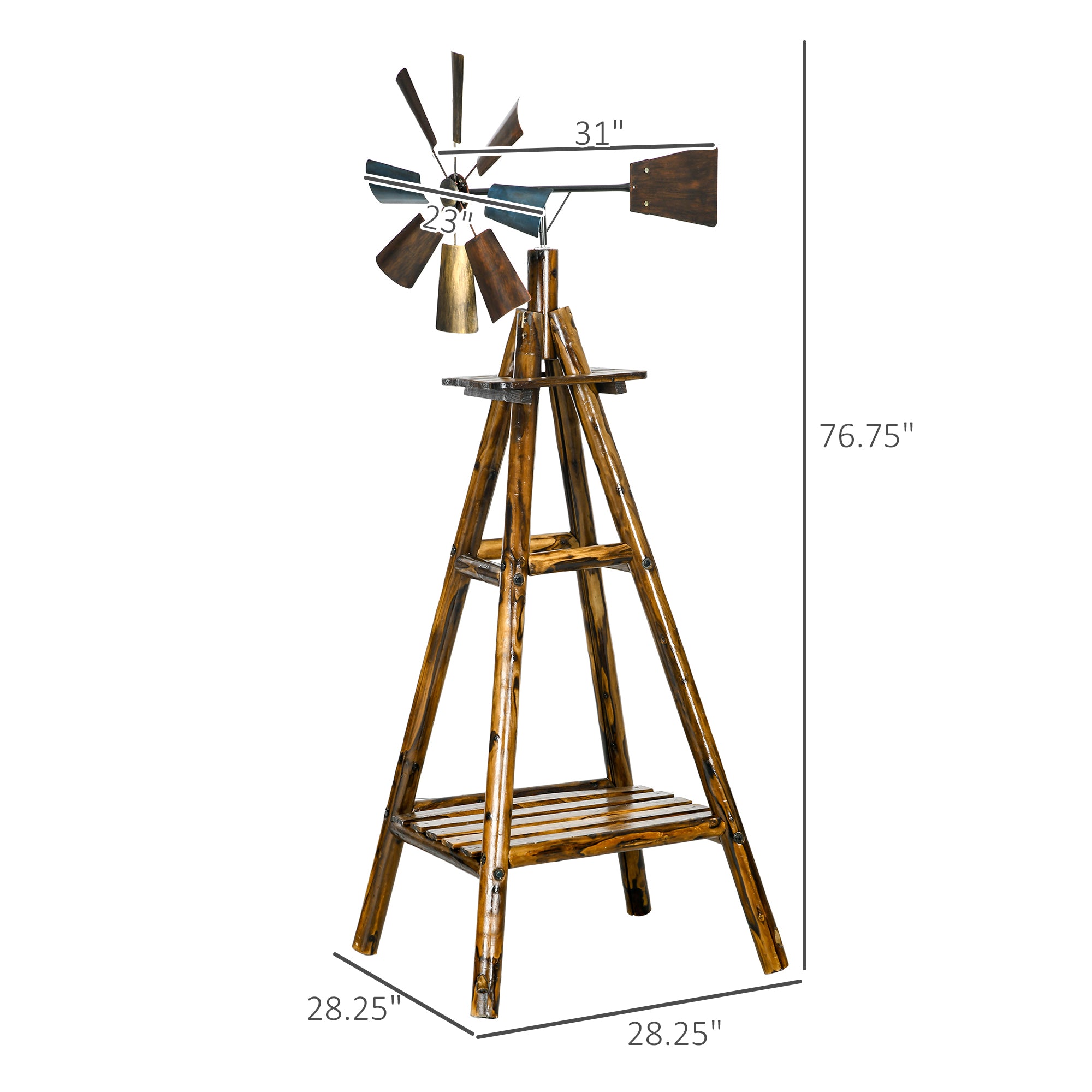 Windmill Weather Vane, Wind Vane with Bottom Shelf, Steel Windmill Head, Stained Wood