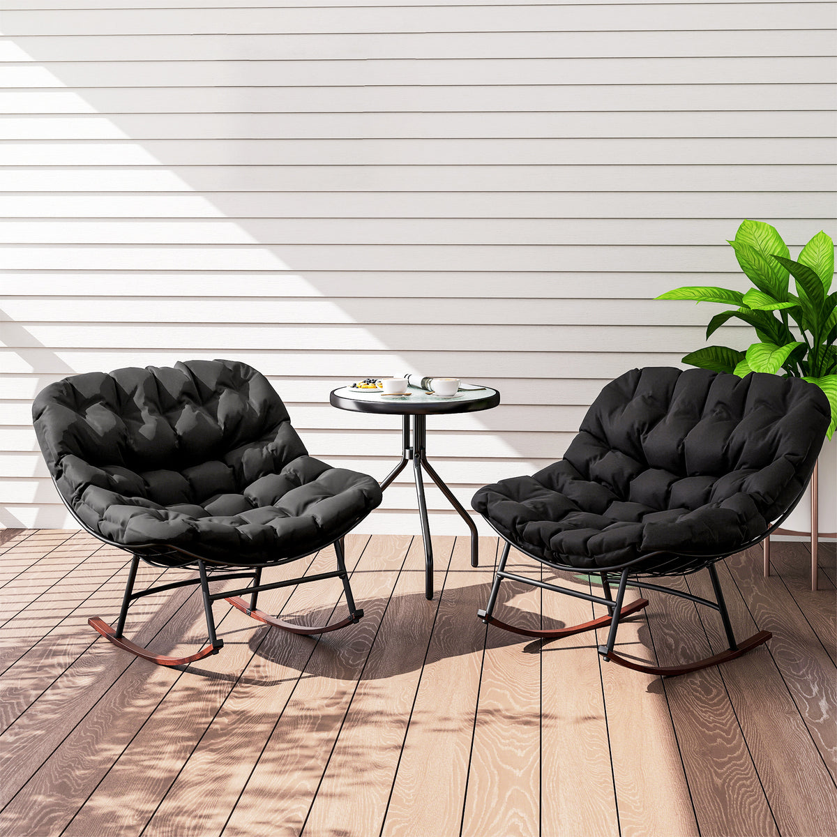 Outdoor Rocking Chair Patio Set of 2, Oversized Rocking Papasan Chairs with Cushions for Garden Porch, 265 lbs., Black
