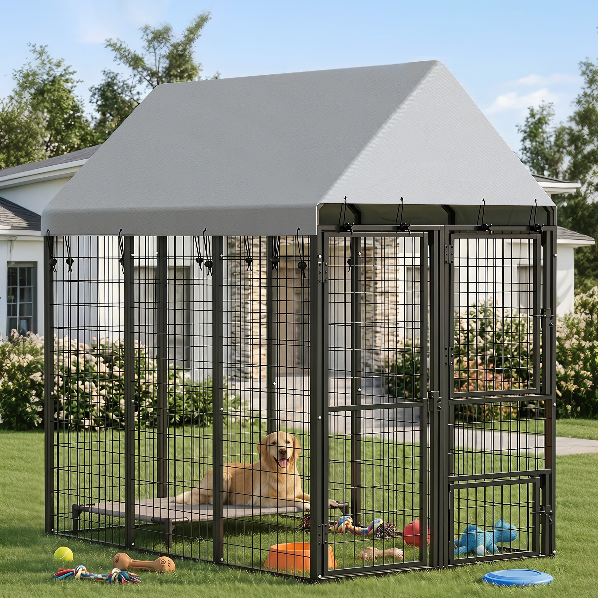 Large Dog Kennel Outdoor with Roof, 3 Doors, Expandable Heavy Duty Dog Kennel Dog Run for All Breed Sizes, 6' x 4' x 6'