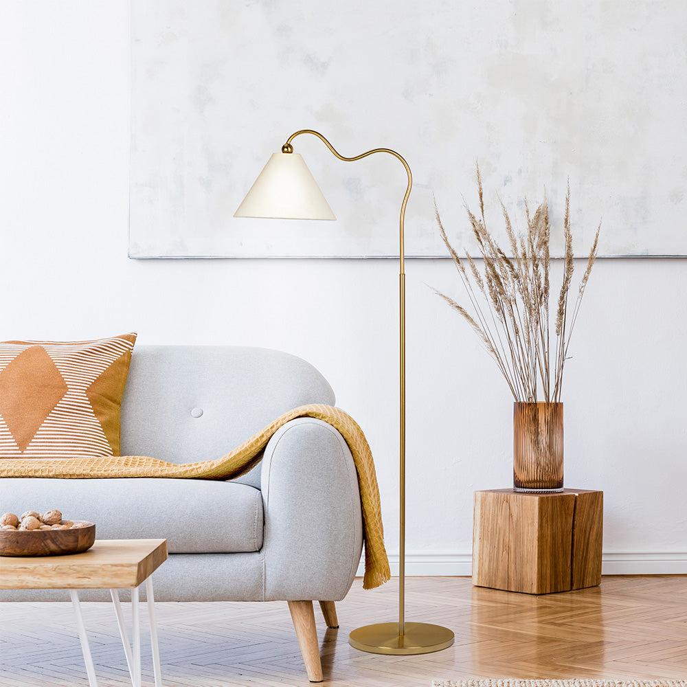 Majestic Brass Ring Base Curved Floor Lamp with Triangle Drum Shade, Elegant Design,19" L x 12" W x 60" H, Gold+White