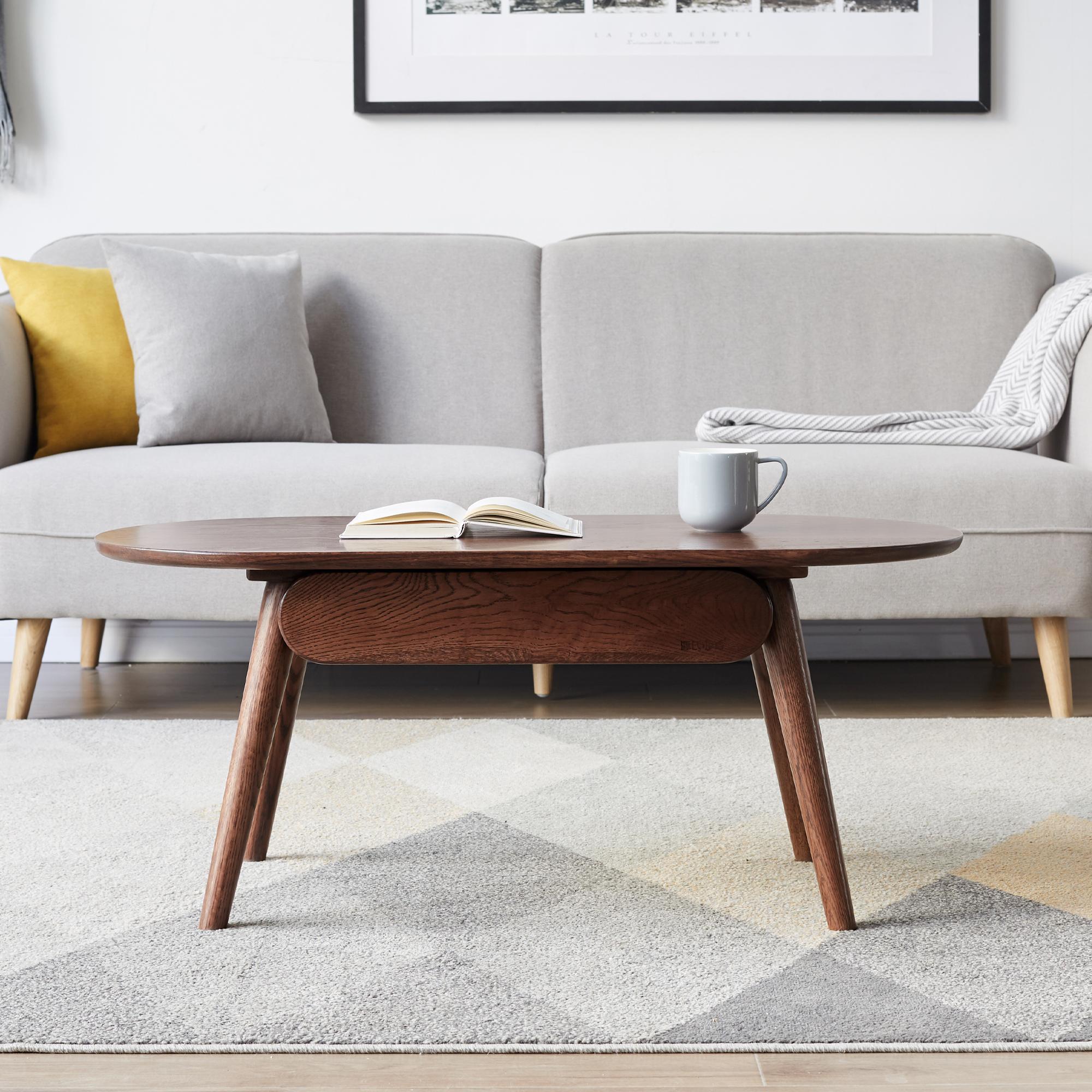 Compact Coffee Table with Storage Drawers and Rounded Edges, Sturdy Center Table with Handle-Free Design, 39.5″ L x 22″ W x 16.5″ H, Oak