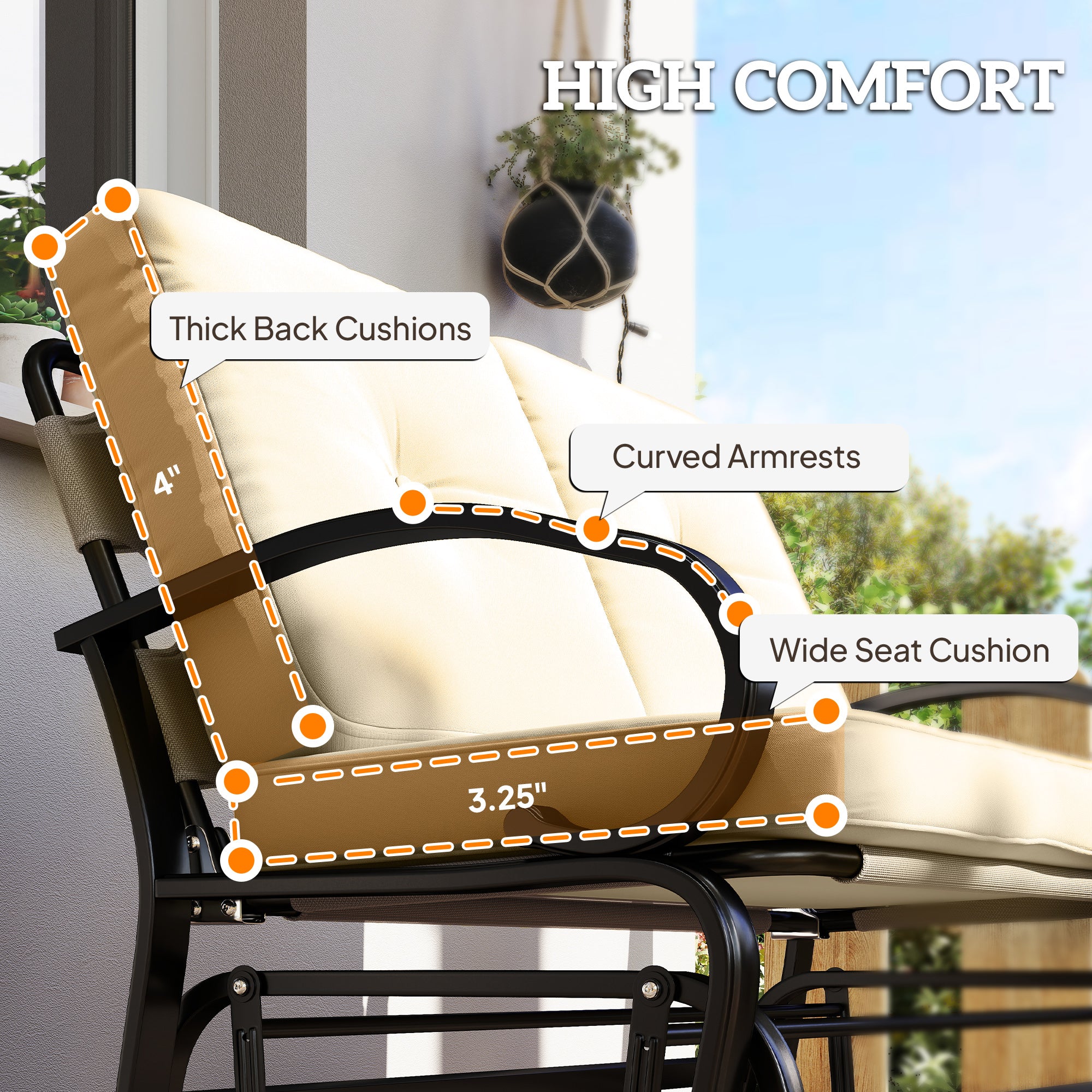 Outdoor Glider Bench, 2-Person Patio Rocker Loveseat with Tufted Cushions, Steel Frame for Porch, Garden Backyard, Beige