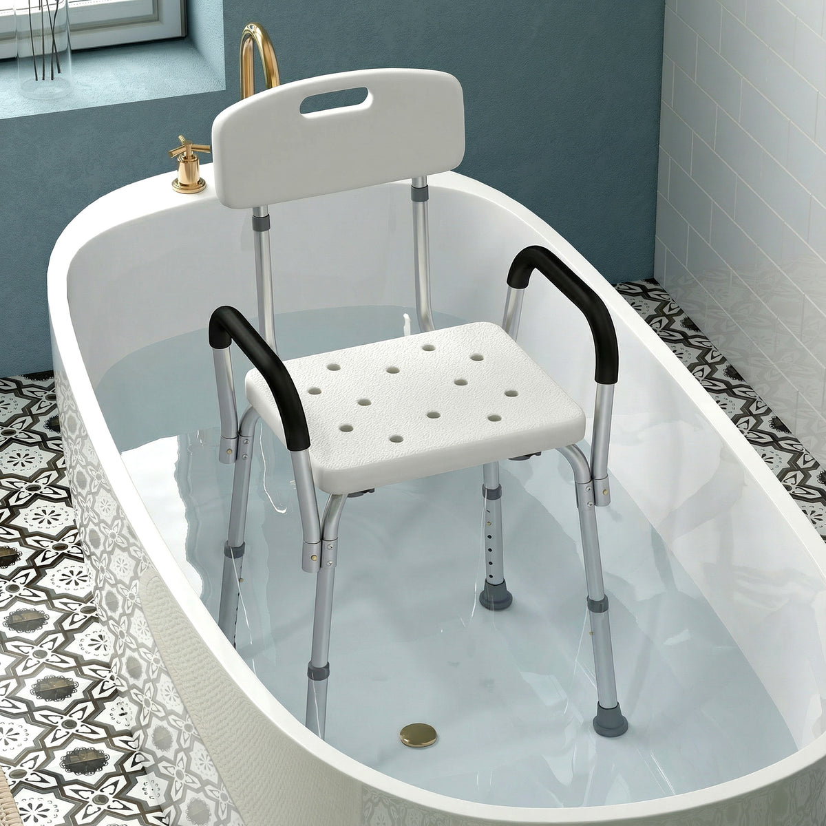 Shower Chair, Mobility Medical Grade Bath Chair, Adjustable Shower Bench with Removable Armrests for Seniors, Handicap, Disabled