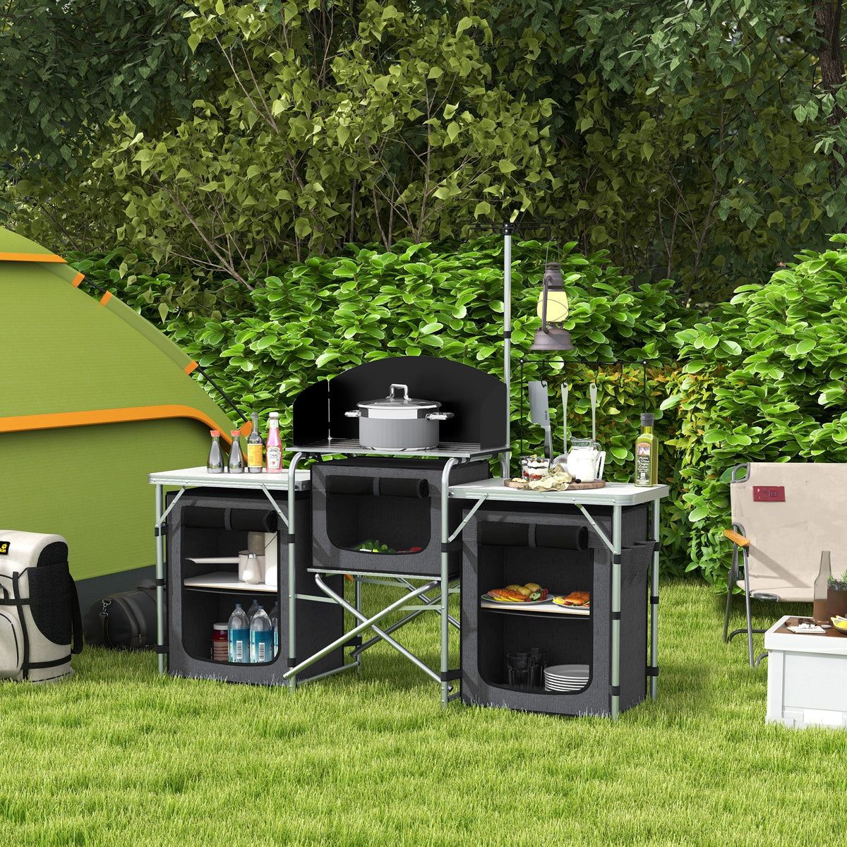 Aluminum Camping Kitchen, Portable Folding Camping Table with Fabric Cupboards, Windshield, Bag for BBQ, Picnic, Black