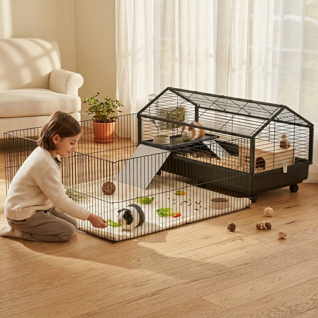 Small Animal Playpen Cage with Rolling Caster, Water Bottle 46.5"