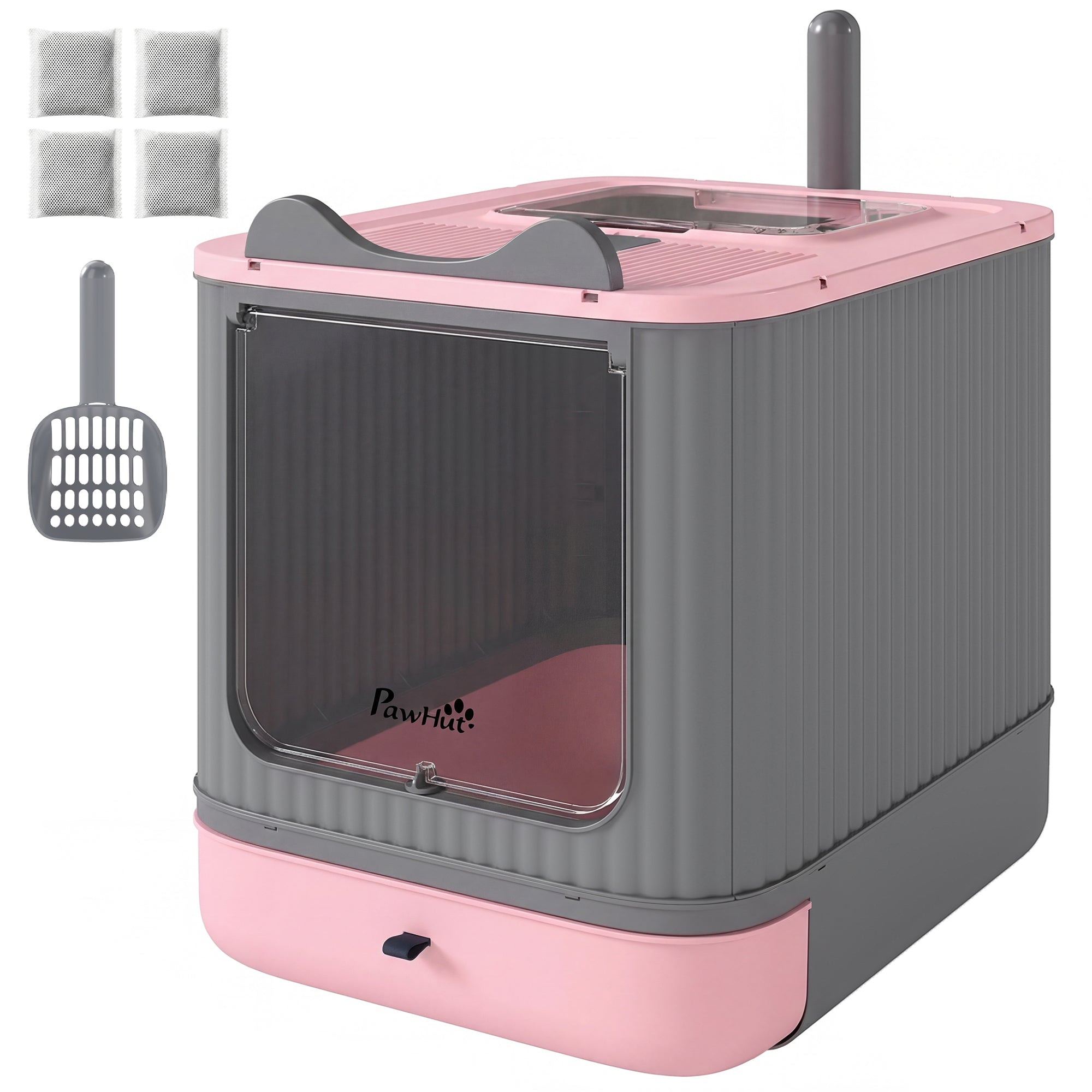 Cat Litter Box with Lid, Enclosed Litter Box for Medium Cats, Front-Entry and Top-Exit, Scoop, Deodorizer Bag, Pink