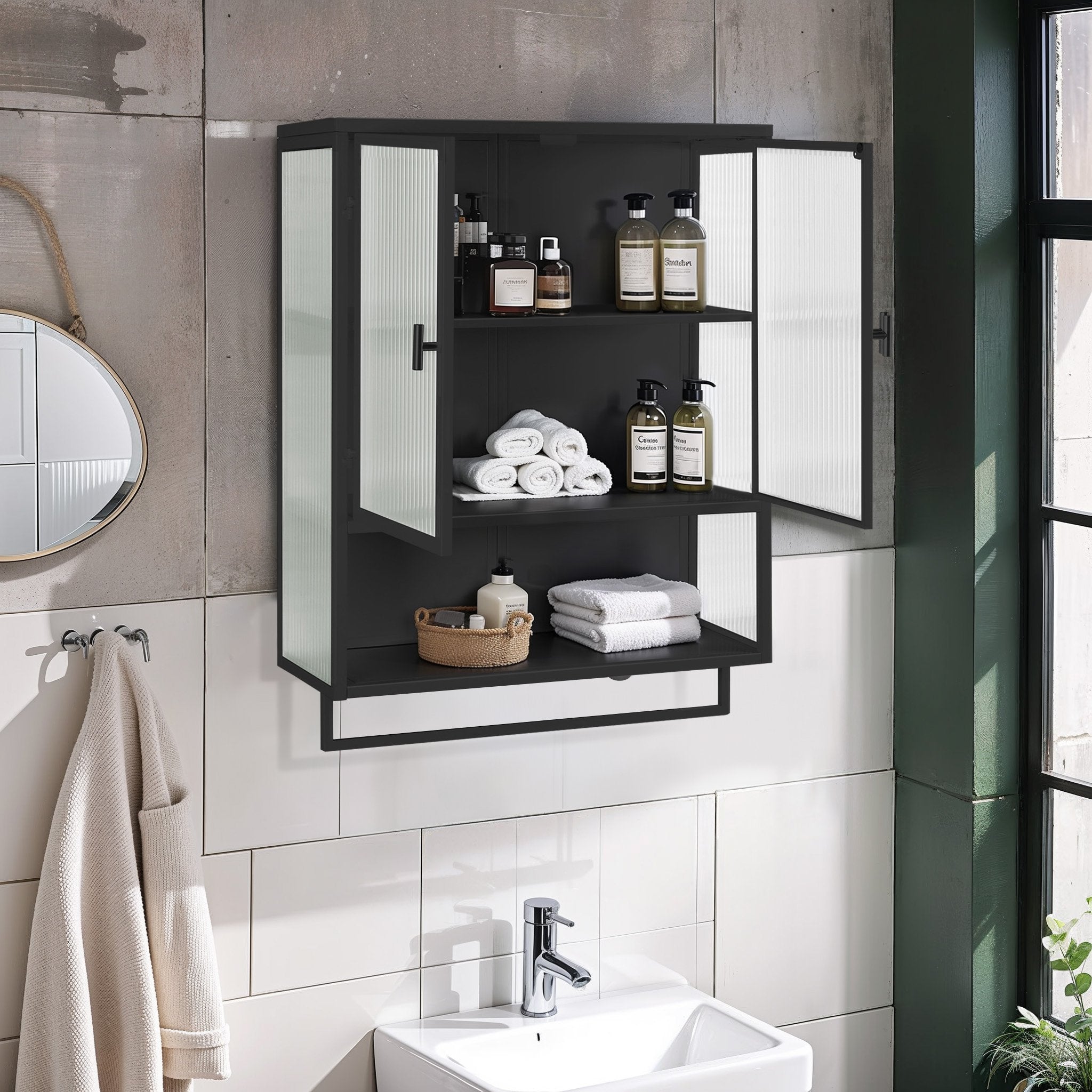 23.62" Modern Wall Cabinet with Glass Doors, Two-Tier Enclosed Storage, Open Shelf, and Towel Rack for Living Room, Dining Room, Bathroom, 23.62"L x 9.06"W x 30.71"H, Black