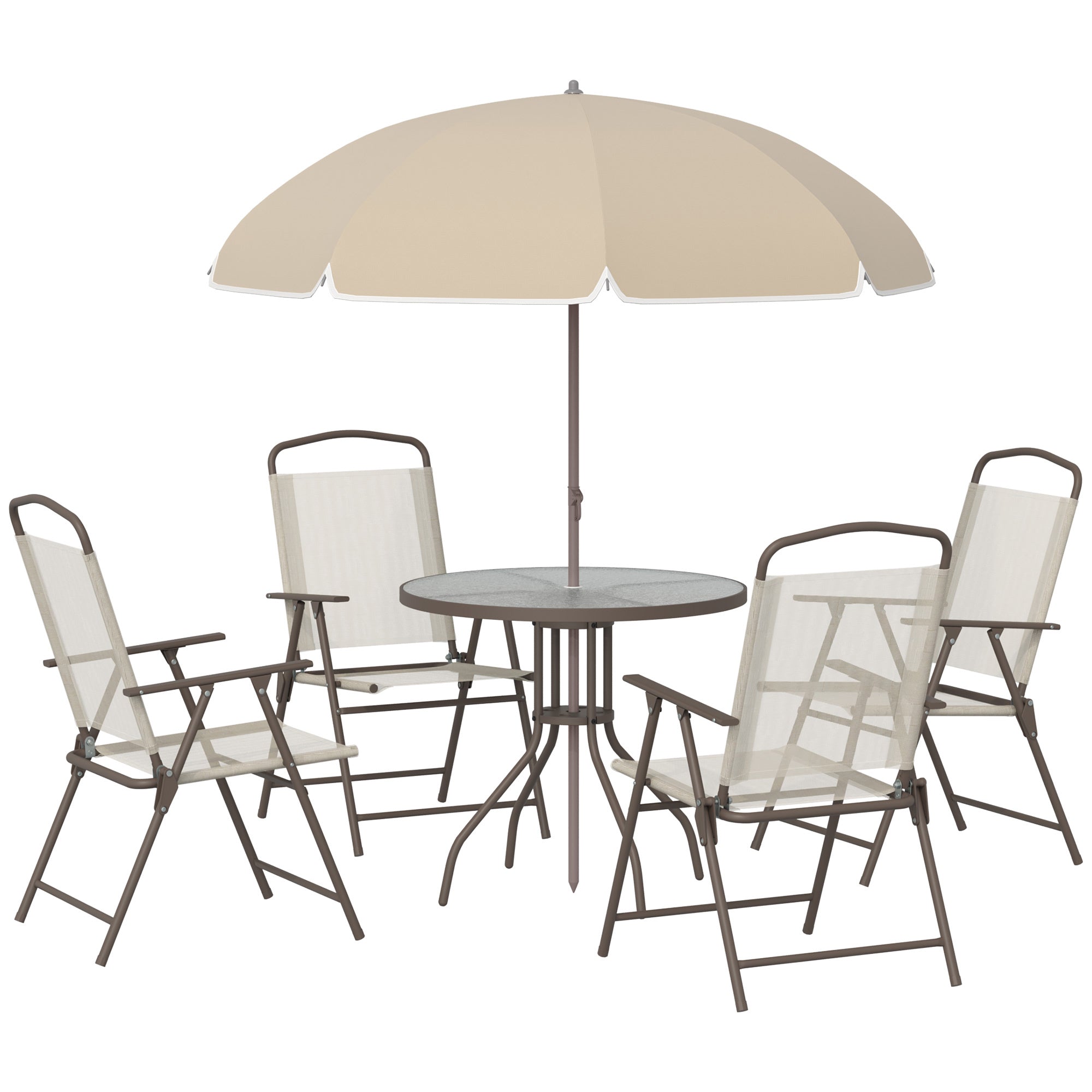 6 Piece Patio Dining Set for 4 with Umbrella, Outdoor Table and Chairs with 4 Folding Dining Chairs & Round Glass Table for Garden, Backyard and Poolside, Beige