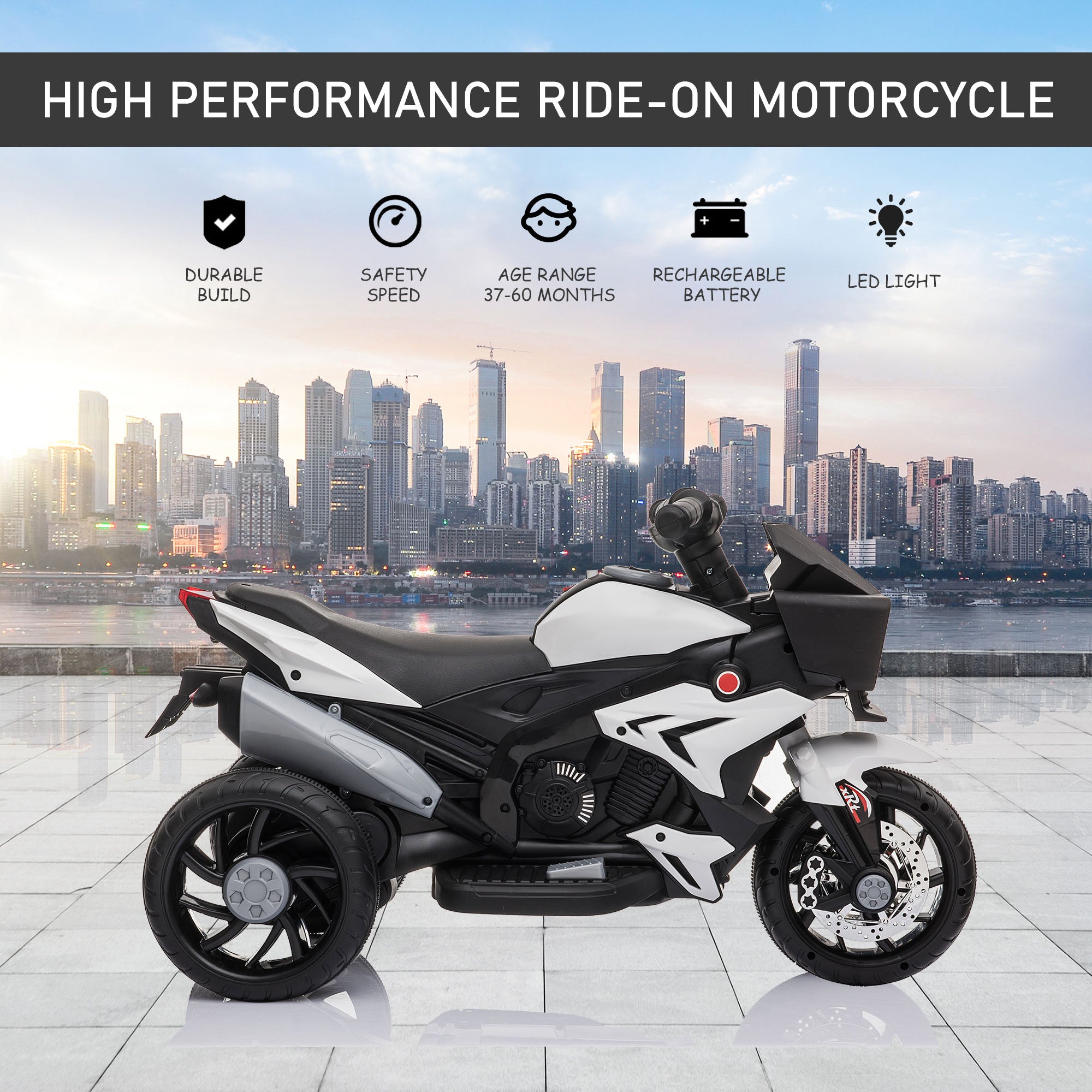 6V Kids Motorcycle, Battery-Operated Mini Electric Motorbike with Forward/Reverse Switch, Horn, White