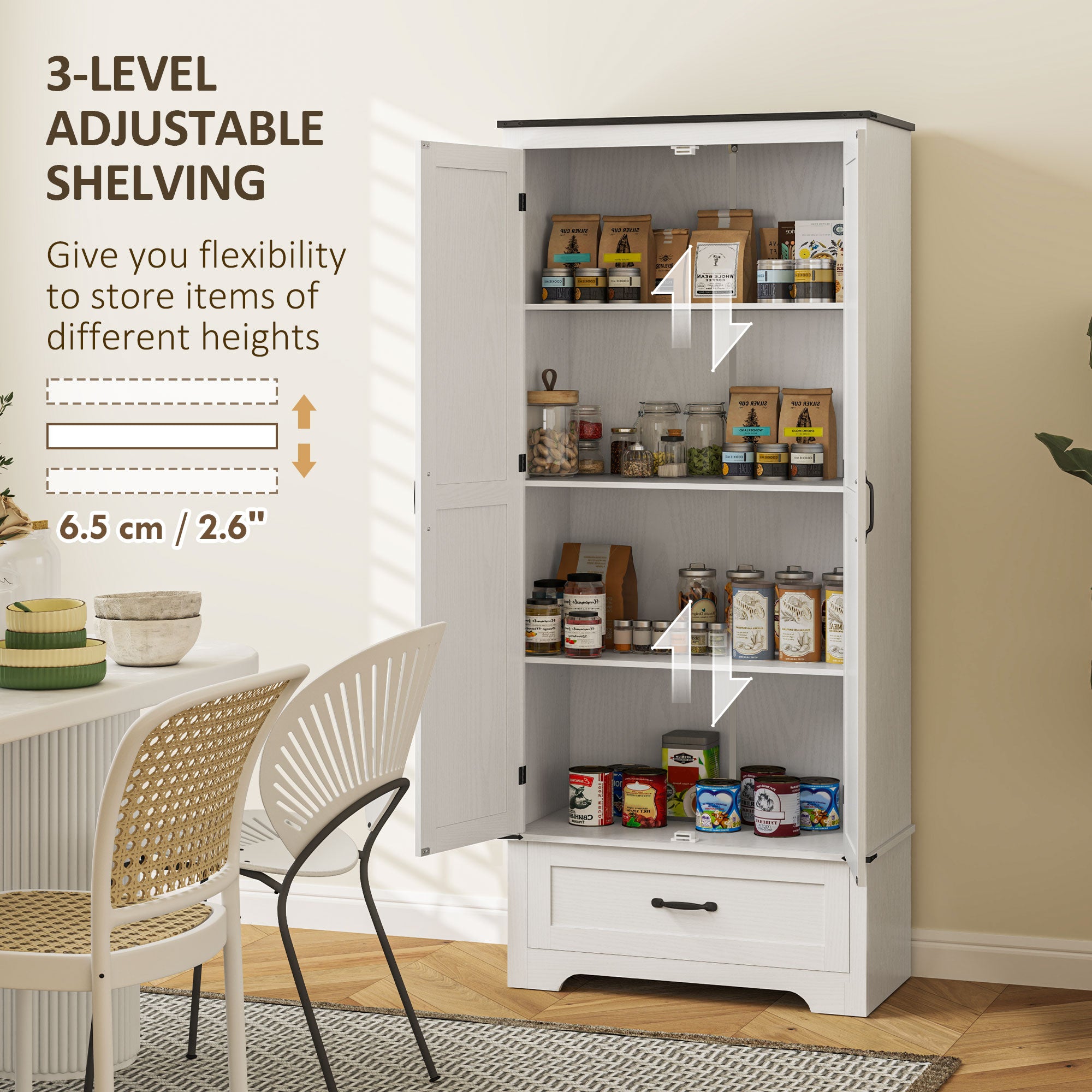 72" Farmhouse Pantry Cabinet with Adjustable Shelves, Kitchen Pantry Cabinet with 2 Doors, Distressed White
