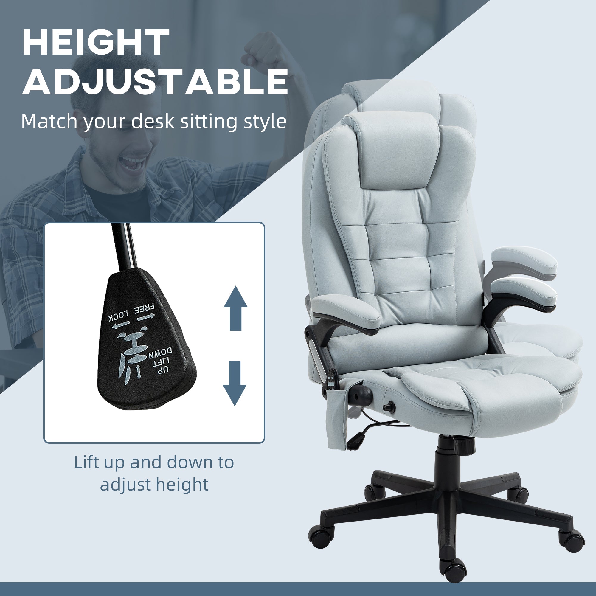 6 Point Vibrating Massage Office Chair with Heat, Microfiber Massage Desk Chair with Reclining Backrest, Light Gray