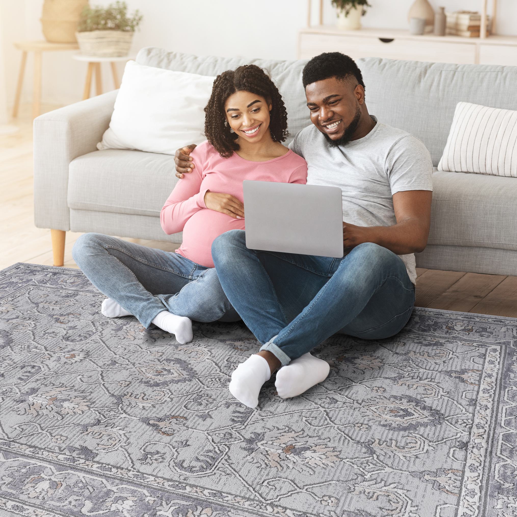 Naar 6x9 Stain-Resistant Area Rug with Cotton Backing, Medium Pile Height, Kid and Pet-Friendly Carpet, 93" L x 79" W x 0.35" H, Ivory+Gray