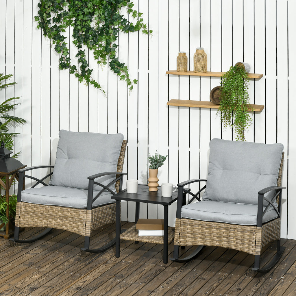 3 Piece Patio Rocking Chair Set, Outdoor Wicker Bistro Set with 2 Oversize Cushioned Porch Rockers and 2 Tier Coffee Table for Garden, Backyard, Light Gray
