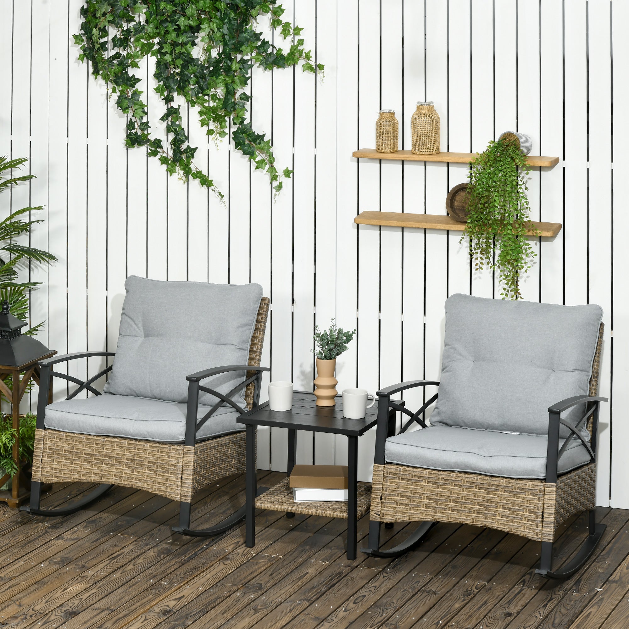 3 Piece Patio Rocking Chair Set, Outdoor Wicker Bistro Set with 2 Oversize Cushioned Porch Rockers and 2 Tier Coffee Table for Garden, Backyard, Light Gray