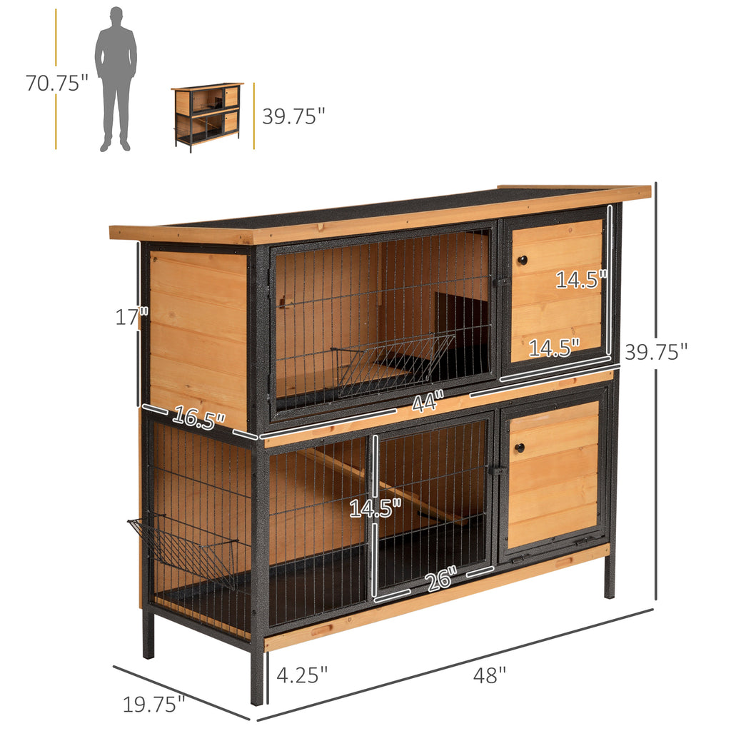 48" 2-Story Large Rabbit Hutch Bunny Cage Wooden Pet House Metal Frame with Rooms, Ramp, No Leak Tray, Feeding Trough, Waterproof Asphalt Roof for Rabbits, Chickens, Ducks, Outdoor/Indoor