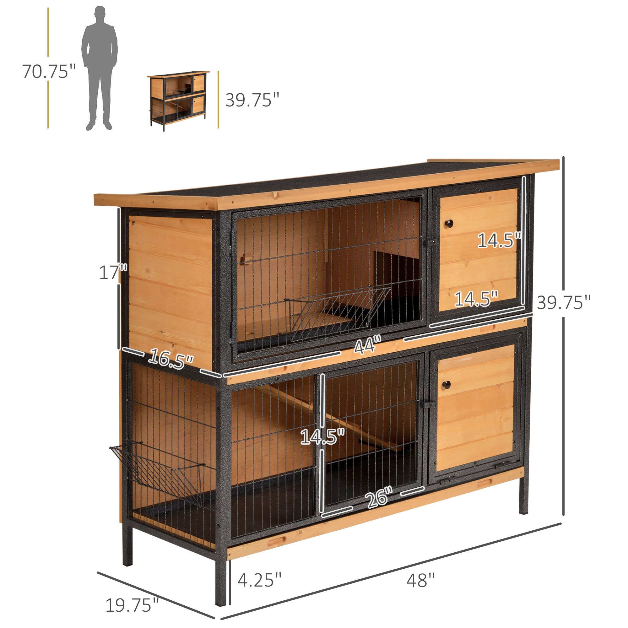 48" 2-Story Large Rabbit Hutch Bunny Cage Wooden Pet House Metal Frame with Rooms, Ramp, No Leak Tray, Feeding Trough, Waterproof Asphalt Roof for Rabbits, Chickens, Ducks, Outdoor/Indoor