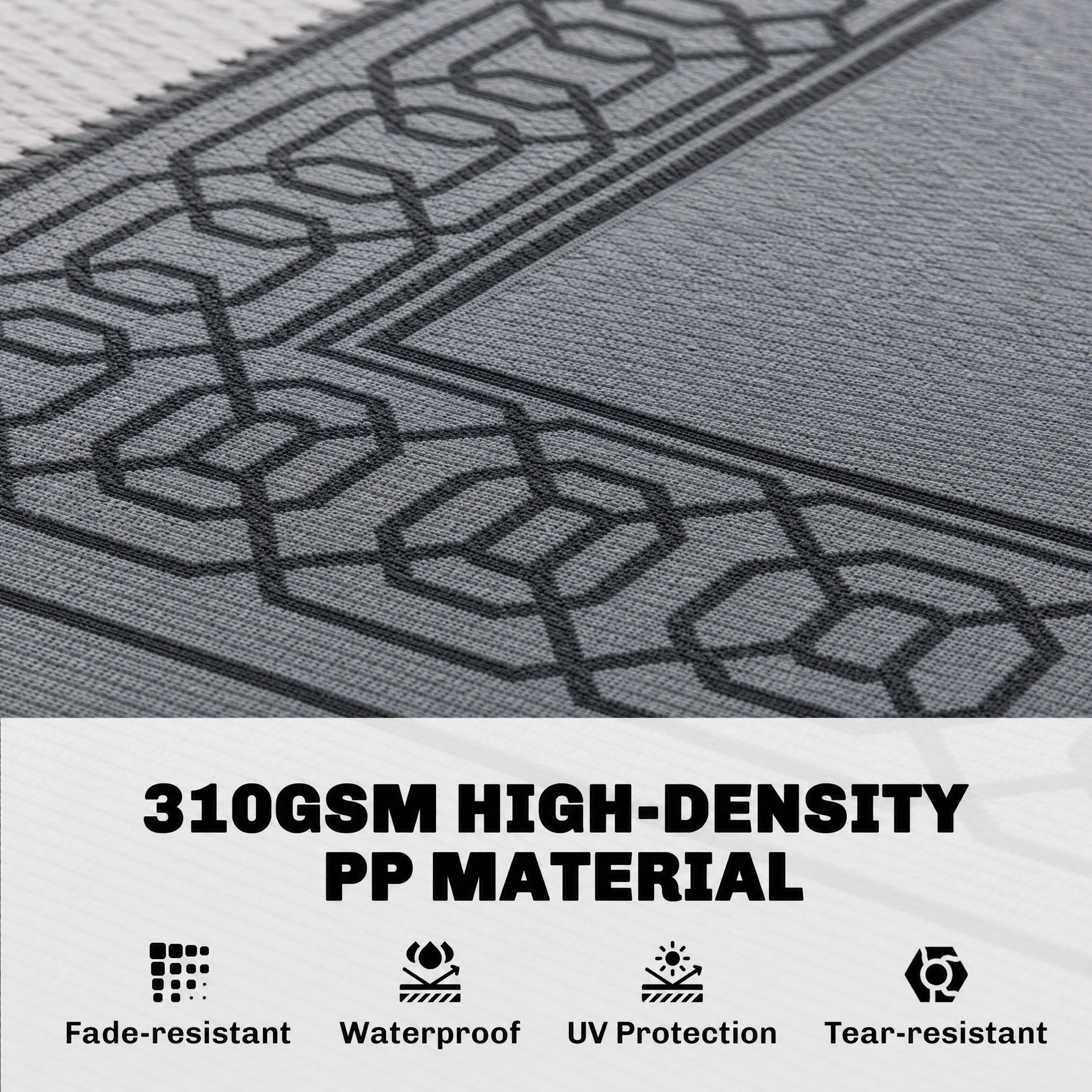 Outdoor Rug for Patio, 9' x 12' Waterproof Large Mat, Reversible Plastic Straw Rug for Decor, Portable Outside RV Camping Area Carpet Mat for Backyard Porch Deck Picnic, Black & Gray Border